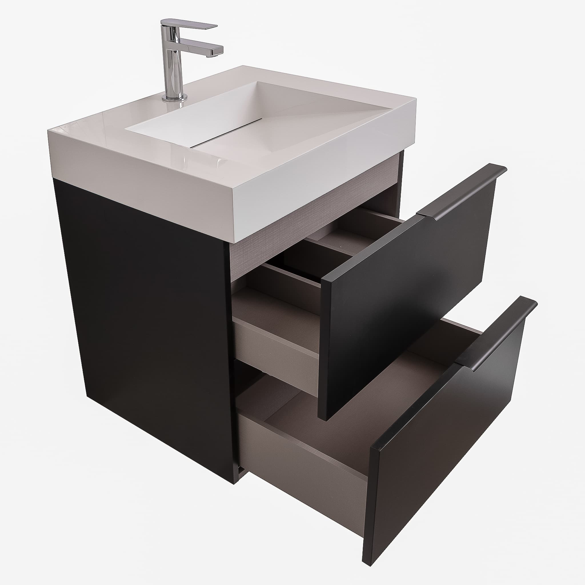 Mallorca 23.5 Matte Black Cabinet, Infinity Cultured Marble Sink, Wall Mounted Modern Vanity Set