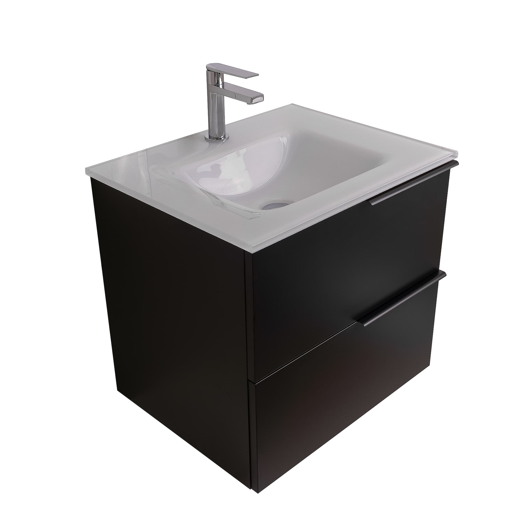 Mallorca 23.5 Matte Black Cabinet, White Tempered Glass Sink, Wall Mounted Modern Vanity Set