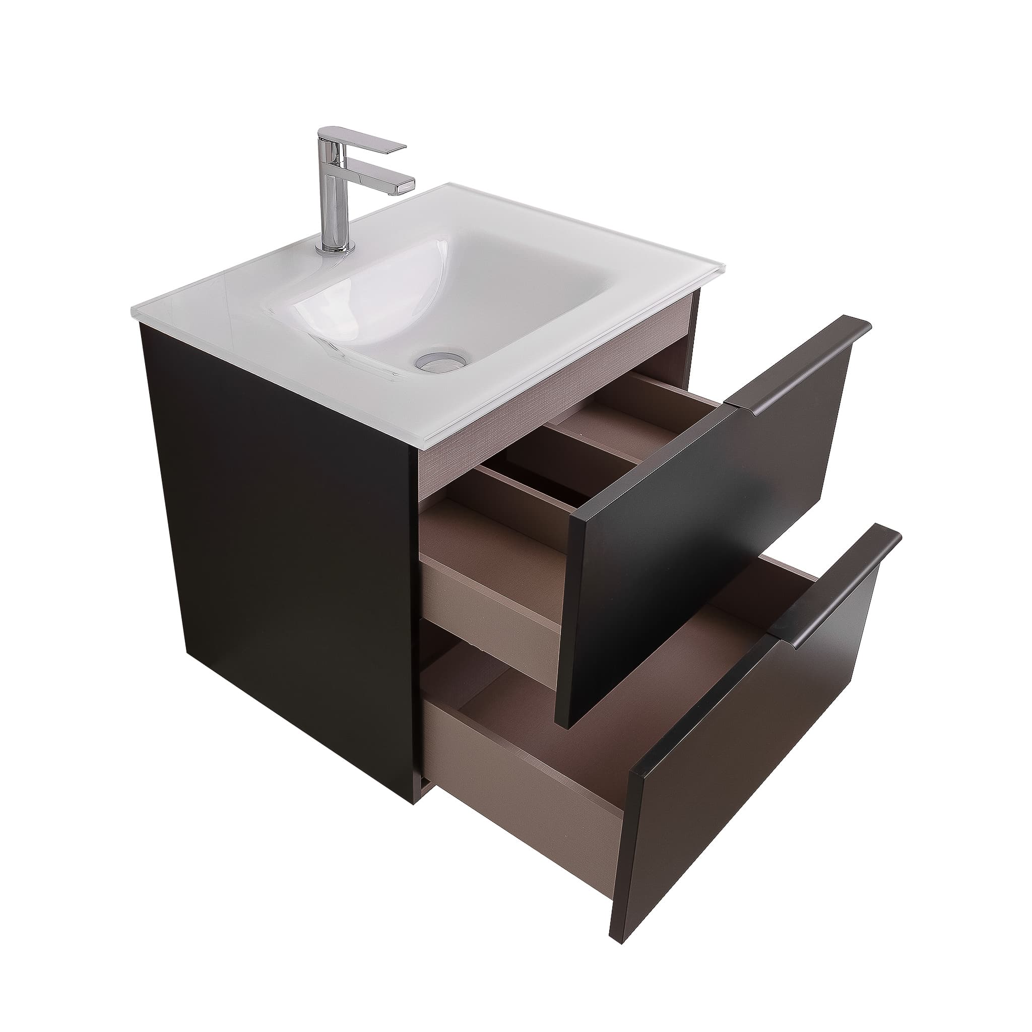 Mallorca 23.5 Matte Black Cabinet, White Tempered Glass Sink, Wall Mounted Modern Vanity Set