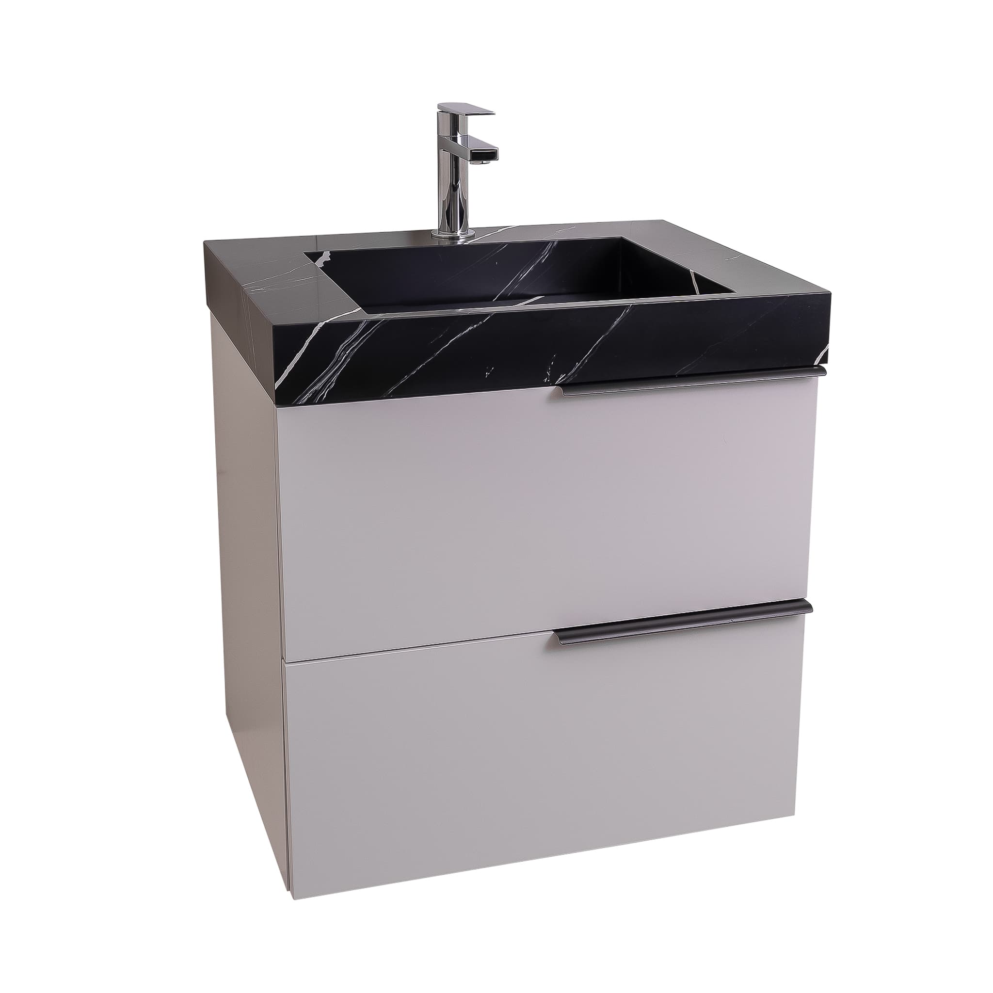 Mallorca 23.5 Matte White Cabinet, Solid Surface Matte Black Carrara Infinity Sink, Wall Mounted Modern Vanity Set