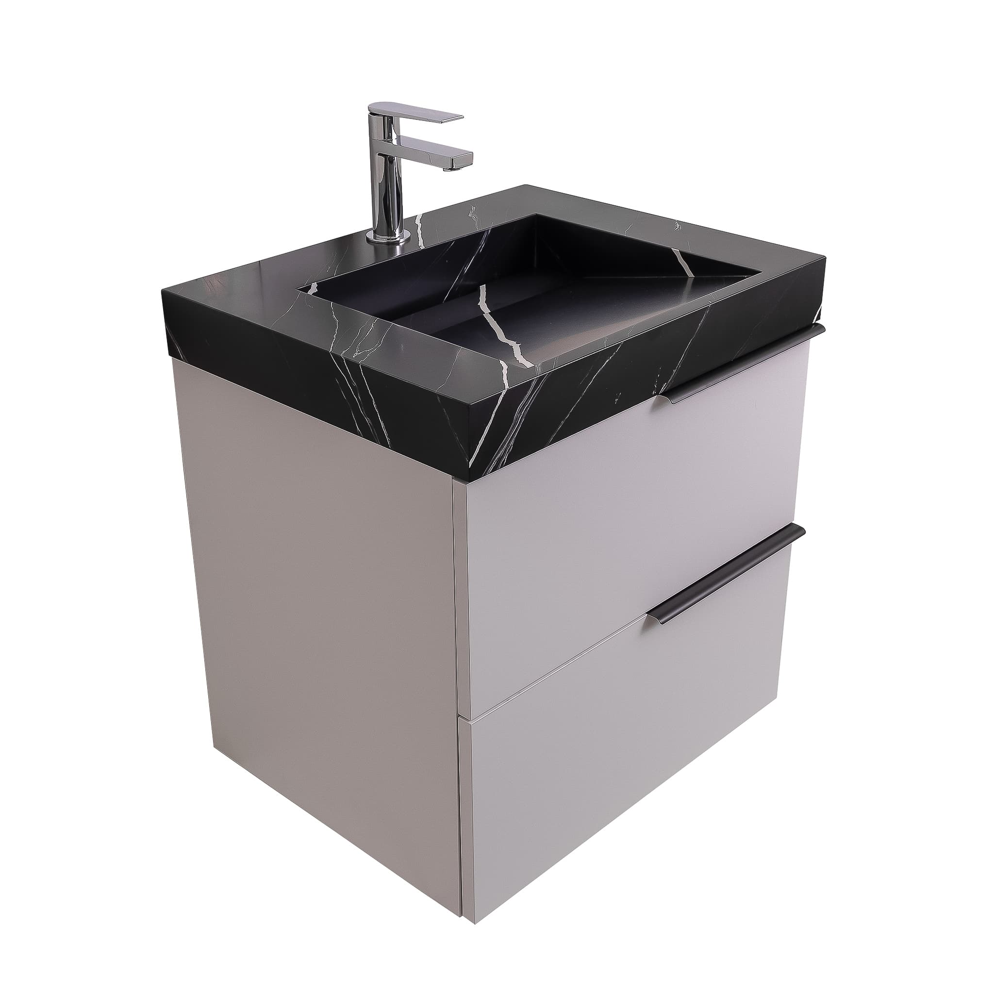 Mallorca 23.5 Matte White Cabinet, Solid Surface Matte Black Carrara Infinity Sink, Wall Mounted Modern Vanity Set