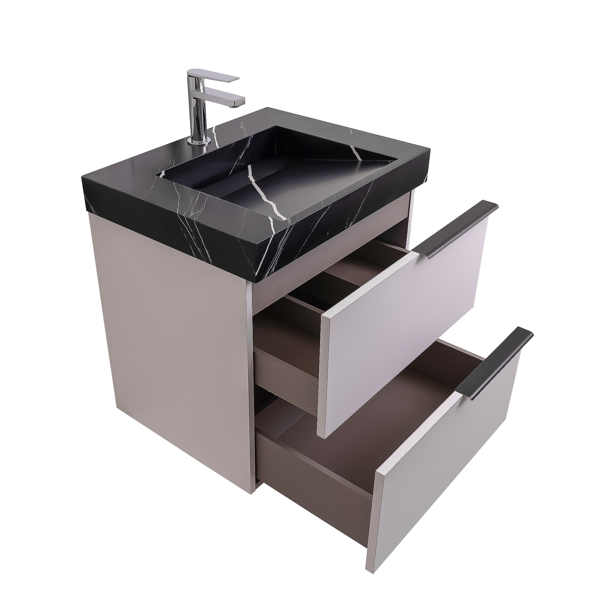 Mallorca 23.5 Matte White Cabinet, Solid Surface Matte Black Carrara Infinity Sink, Wall Mounted Modern Vanity Set