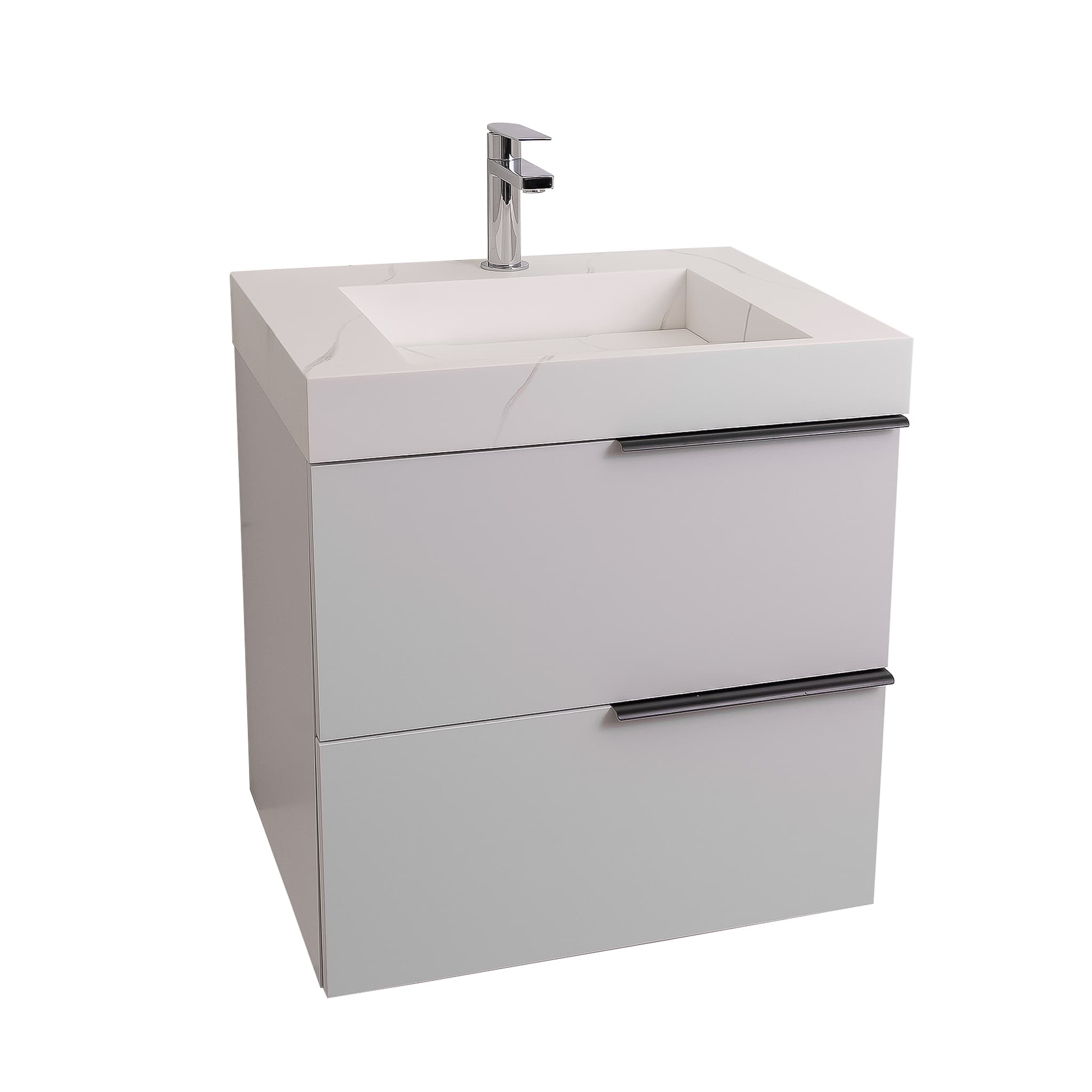 Mallorca 23.5 Matte White Cabinet, Solid Surface Matte White Top Carrara Infinity Sink, Wall Mounted Modern Vanity Set