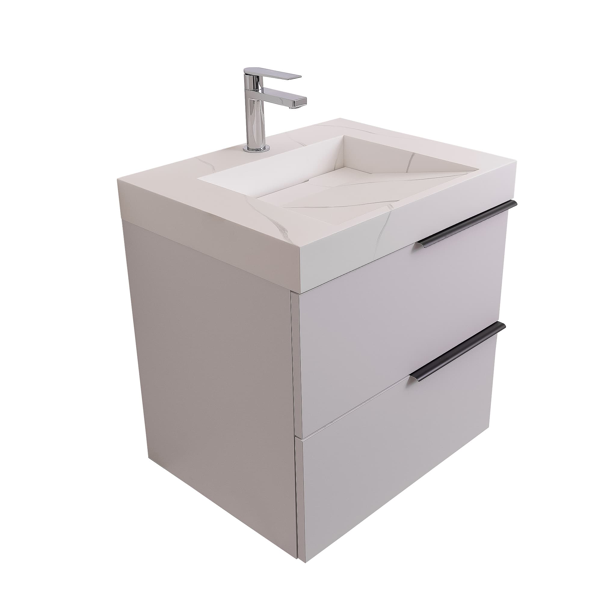 Mallorca 23.5 Matte White Cabinet, Solid Surface Matte White Top Carrara Infinity Sink, Wall Mounted Modern Vanity Set