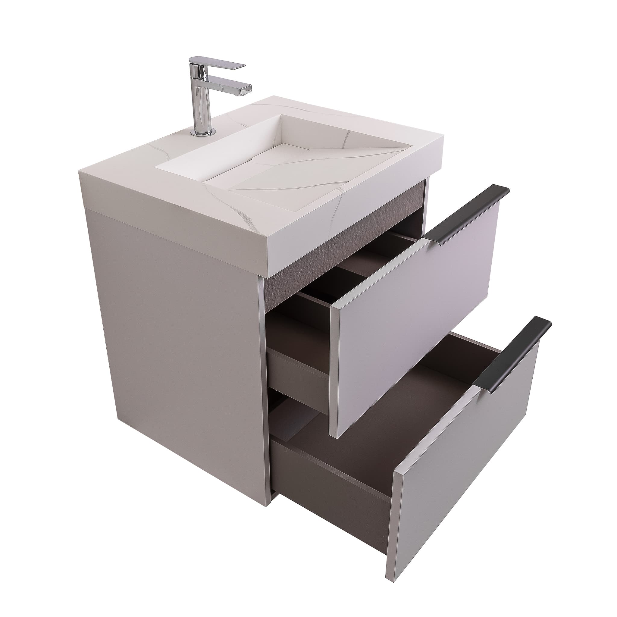 Mallorca 23.5 Matte White Cabinet, Solid Surface Matte White Top Carrara Infinity Sink, Wall Mounted Modern Vanity Set