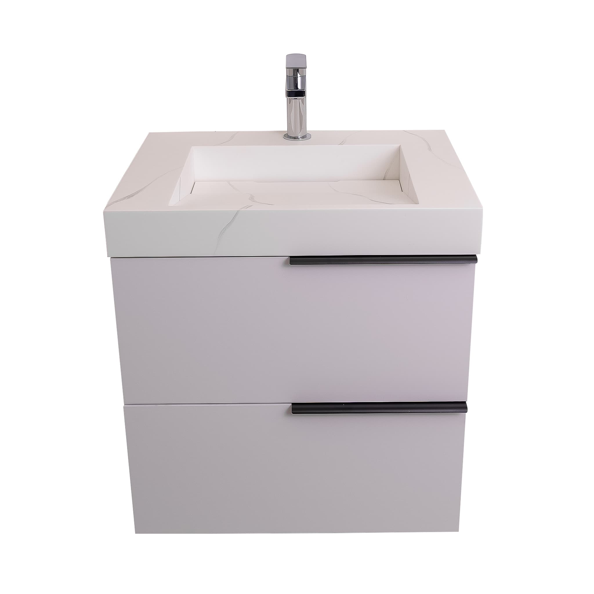 Mallorca 23.5 Matte White Cabinet, Solid Surface Matte White Top Carrara Infinity Sink, Wall Mounted Modern Vanity Set