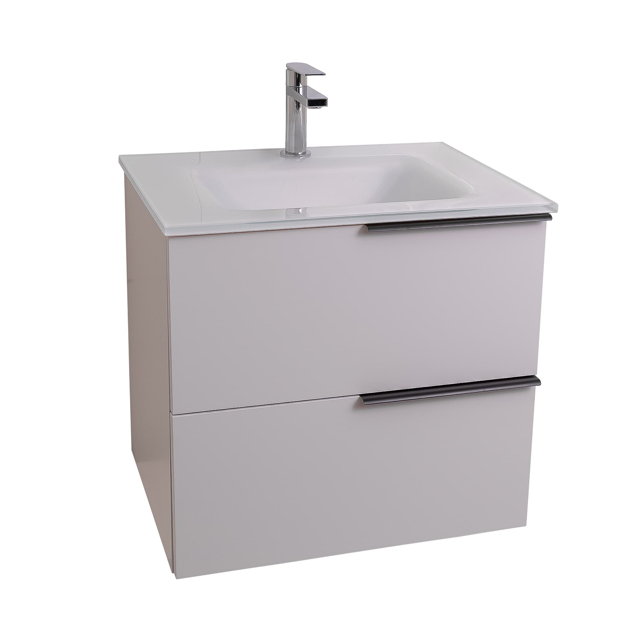 Mallorca 23.5 Matte White Cabinet, White Tempered Glass Sink, Wall Mounted Modern Vanity Set