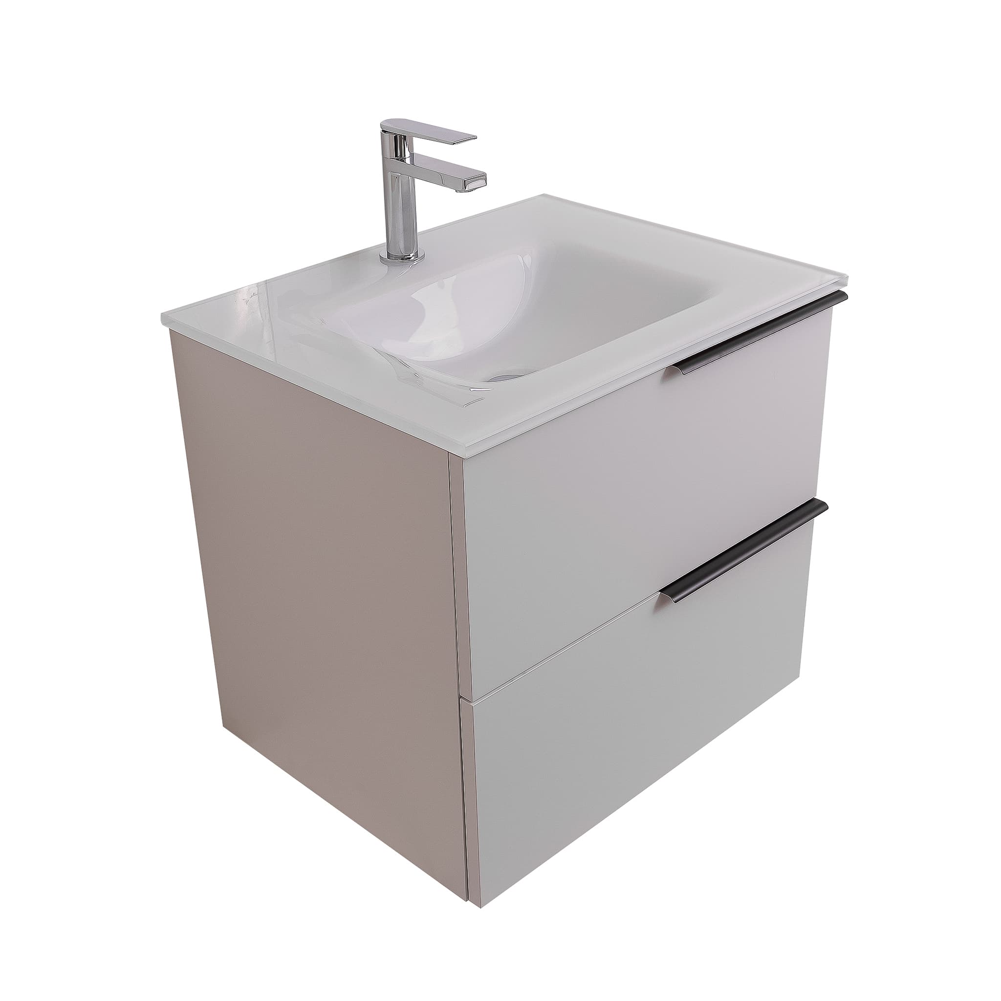 Mallorca 23.5 Matte White Cabinet, White Tempered Glass Sink, Wall Mounted Modern Vanity Set