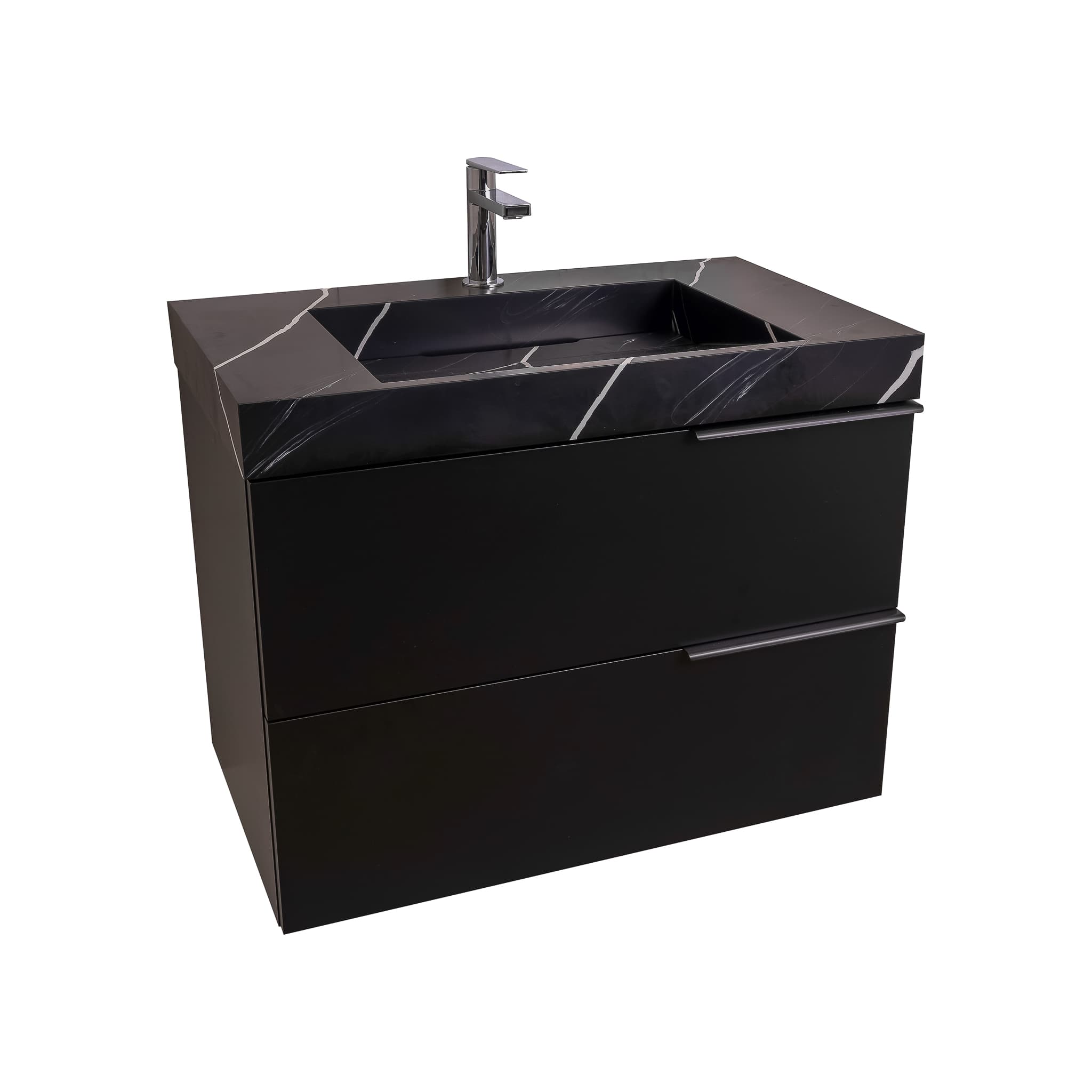 Mallorca 31.5 Matte Black Cabinet, Solid Surface Matte Black Carrara Infinity Sink, Wall Mounted Modern Vanity Set