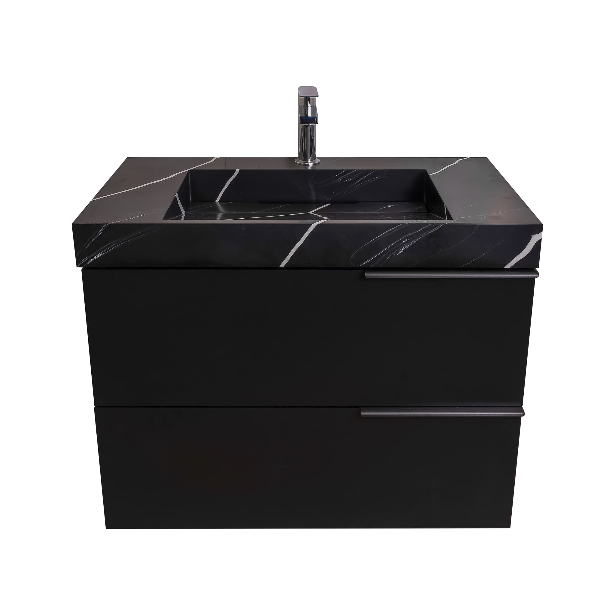 Mallorca 31.5 Matte Black Cabinet, Solid Surface Matte Black Carrara Infinity Sink, Wall Mounted Modern Vanity Set