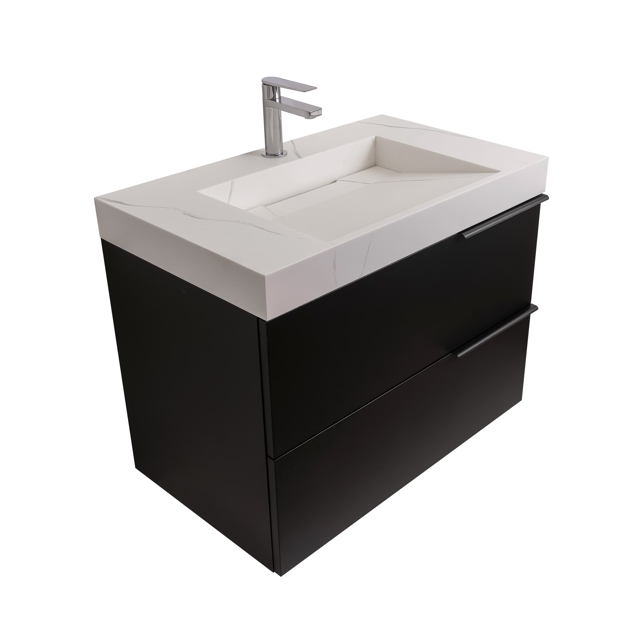 Mallorca 31.5 Matte Black Cabinet,  Solid Surface Matte White Top Carrara Infinity Sink, Wall Mounted Modern Vanity Set