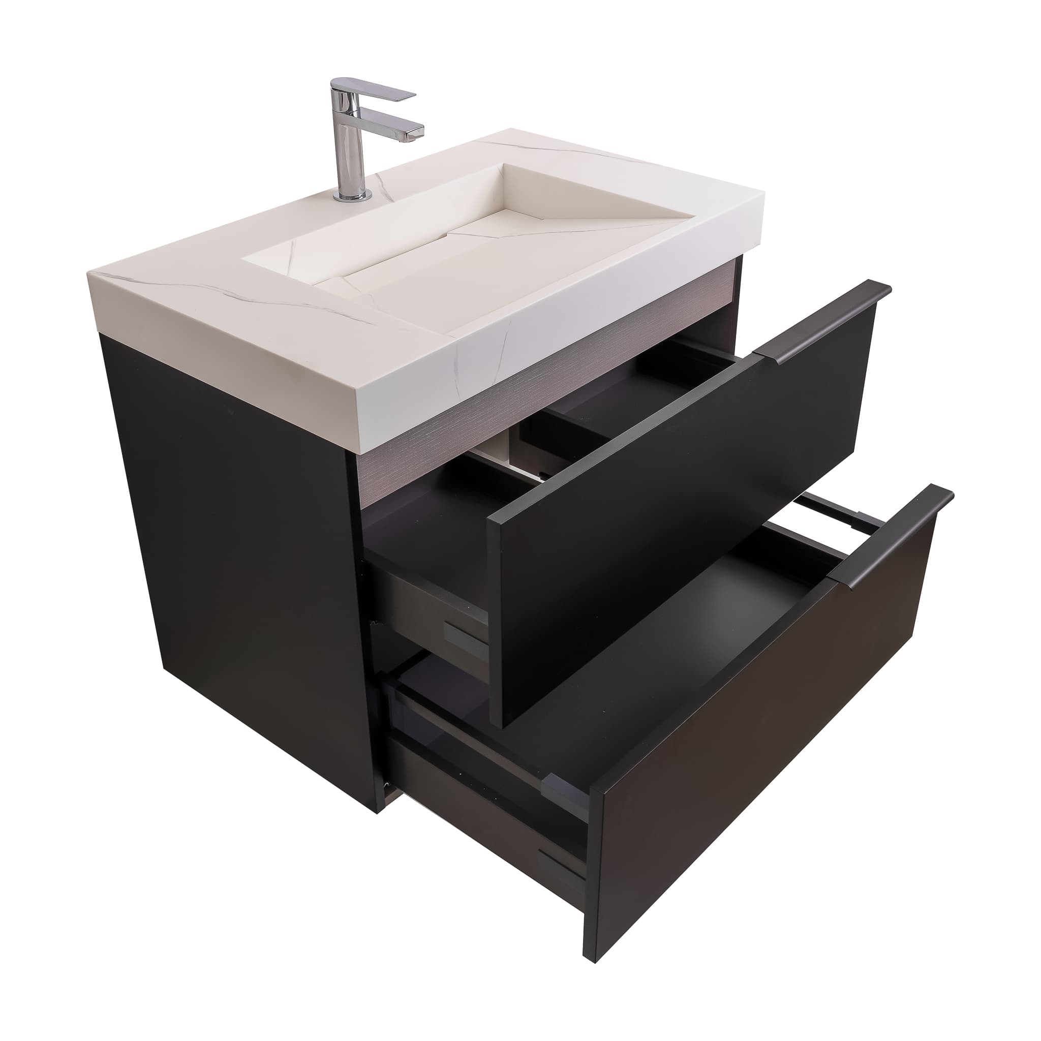 Mallorca 31.5 Matte Black Cabinet,  Solid Surface Matte White Top Carrara Infinity Sink, Wall Mounted Modern Vanity Set