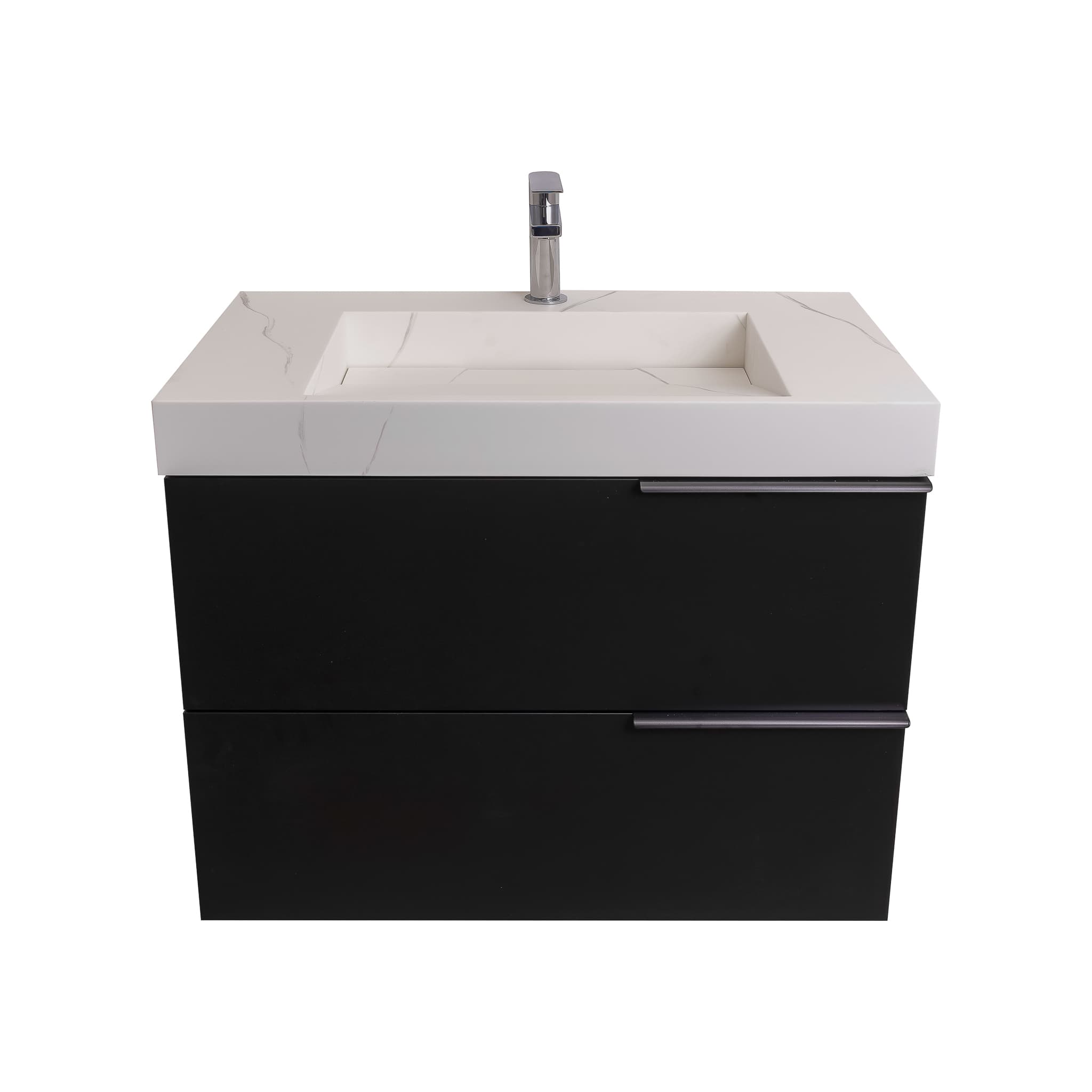 Mallorca 31.5 Matte Black Cabinet,  Solid Surface Matte White Top Carrara Infinity Sink, Wall Mounted Modern Vanity Set