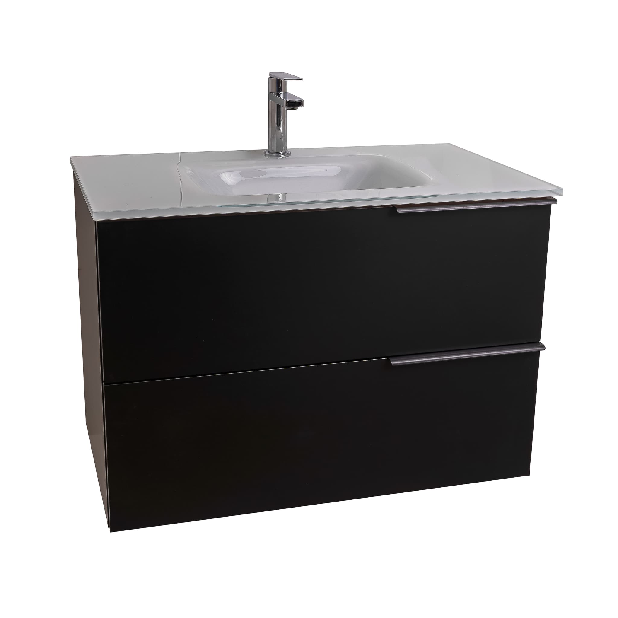Mallorca 31.5 Matte Black Cabinet, White Tempered Glass Sink, Wall Mounted Modern Vanity Set