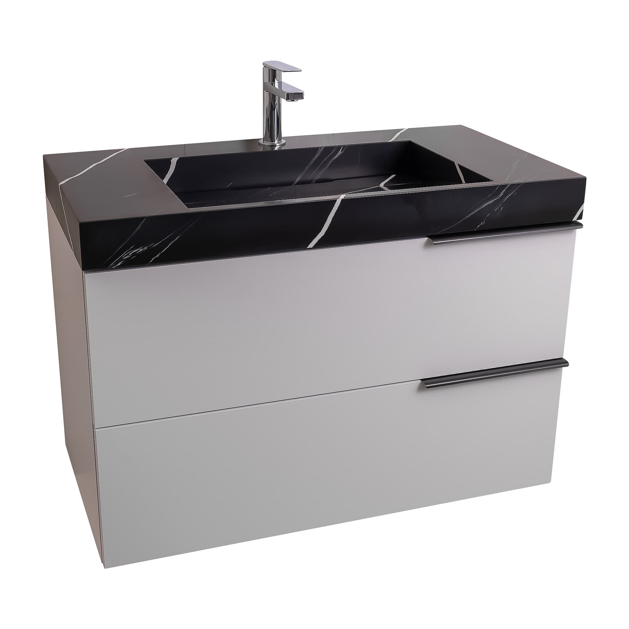 Mallorca 31.5 Matte White Cabinet, Solid Surface Matte Black Carrara Infinity Sink, Wall Mounted Modern Vanity Set