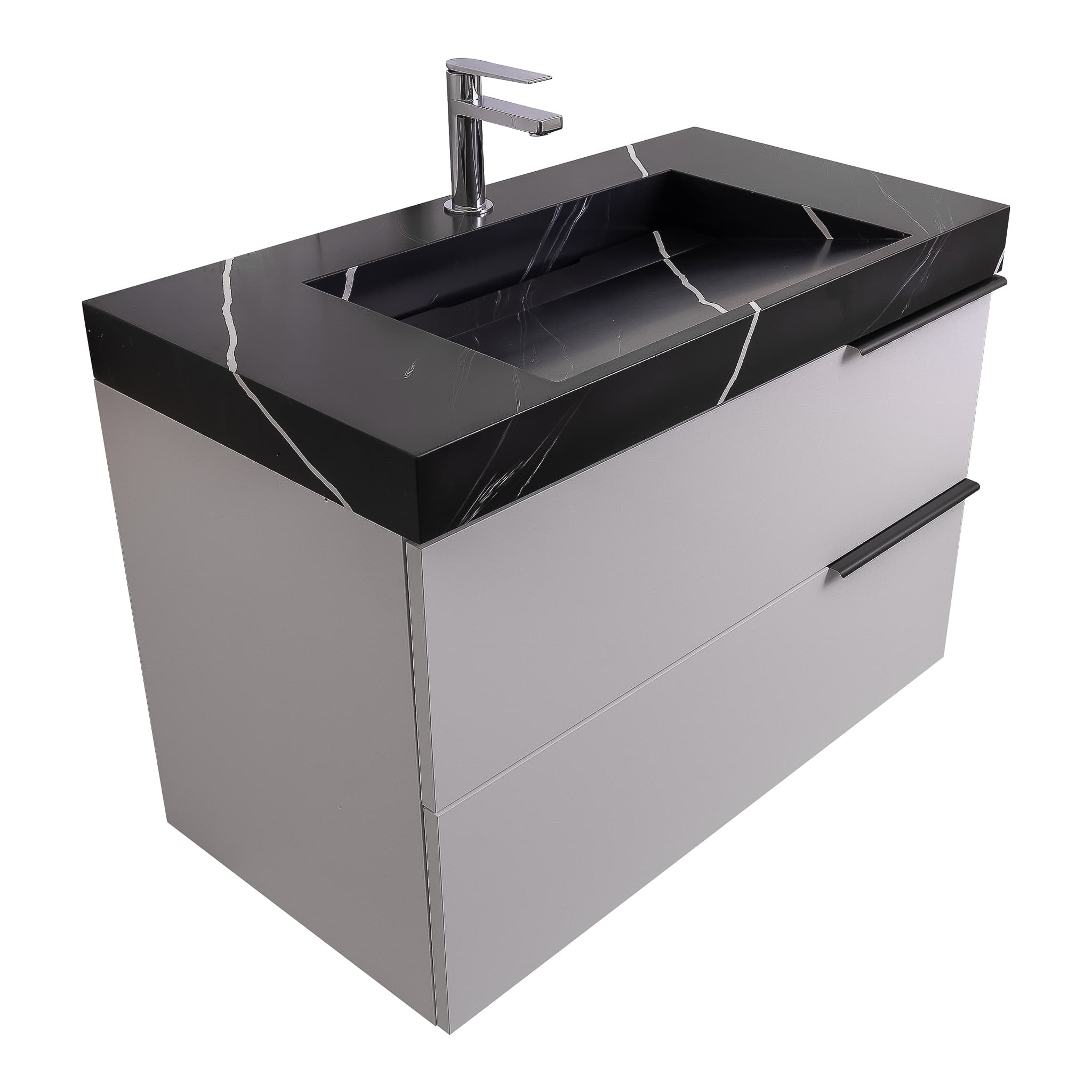 Mallorca 31.5 Matte White Cabinet, Solid Surface Matte Black Carrara Infinity Sink, Wall Mounted Modern Vanity Set