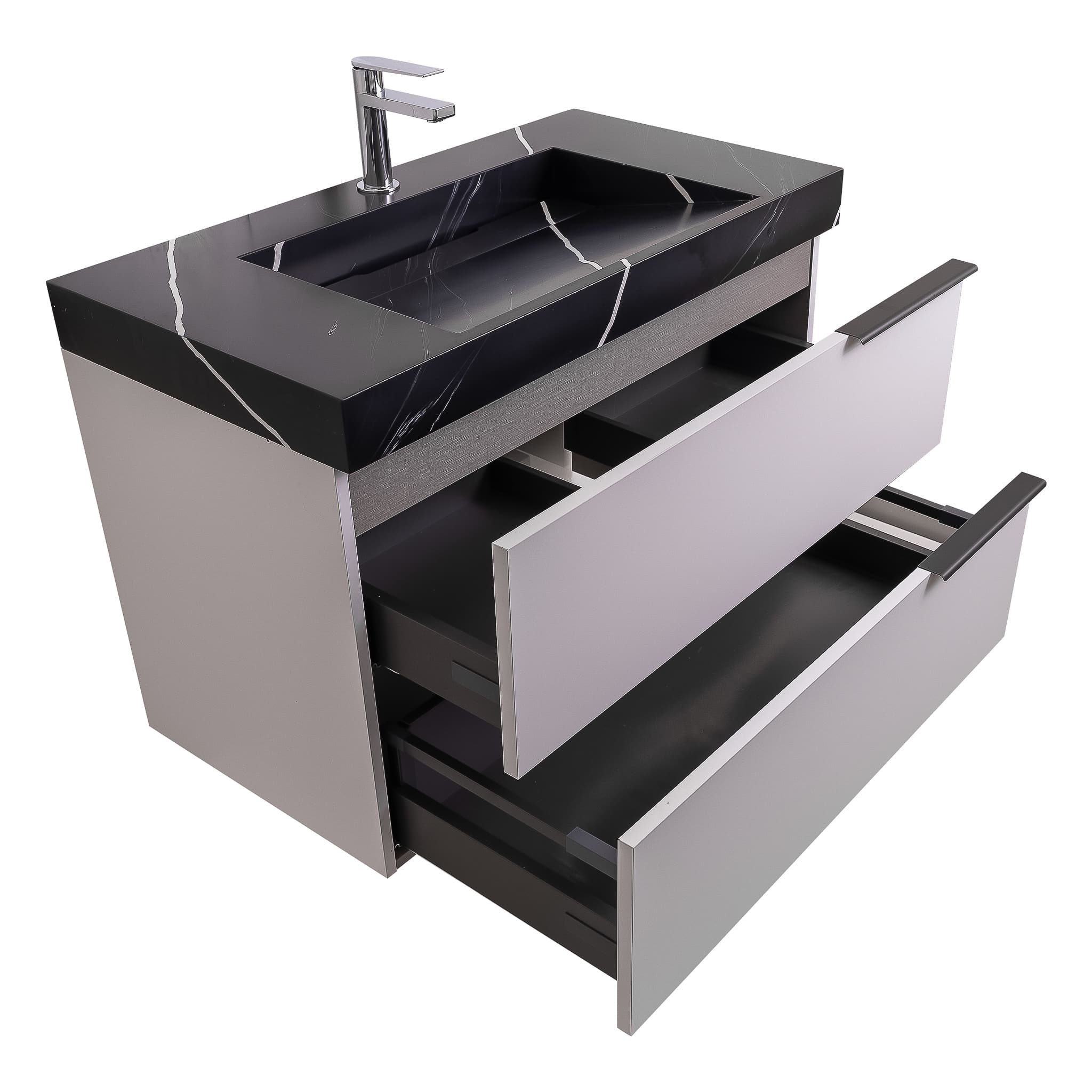 Mallorca 31.5 Matte White Cabinet, Solid Surface Matte Black Carrara Infinity Sink, Wall Mounted Modern Vanity Set