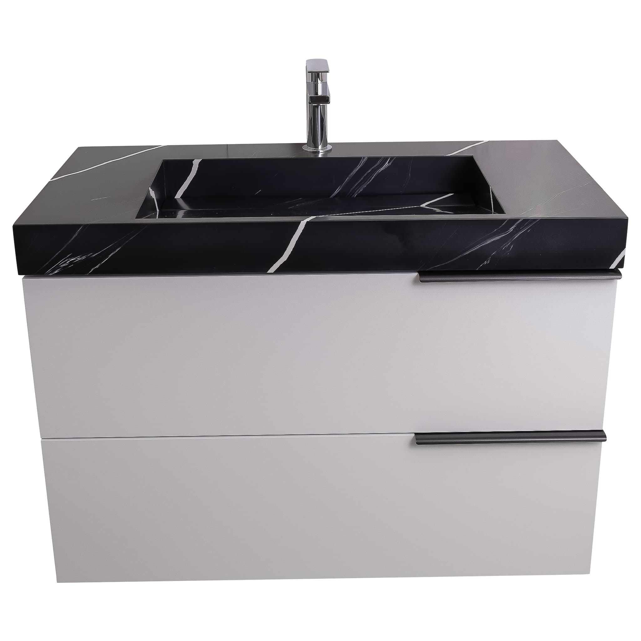 Mallorca 31.5 Matte White Cabinet, Solid Surface Matte Black Carrara Infinity Sink, Wall Mounted Modern Vanity Set
