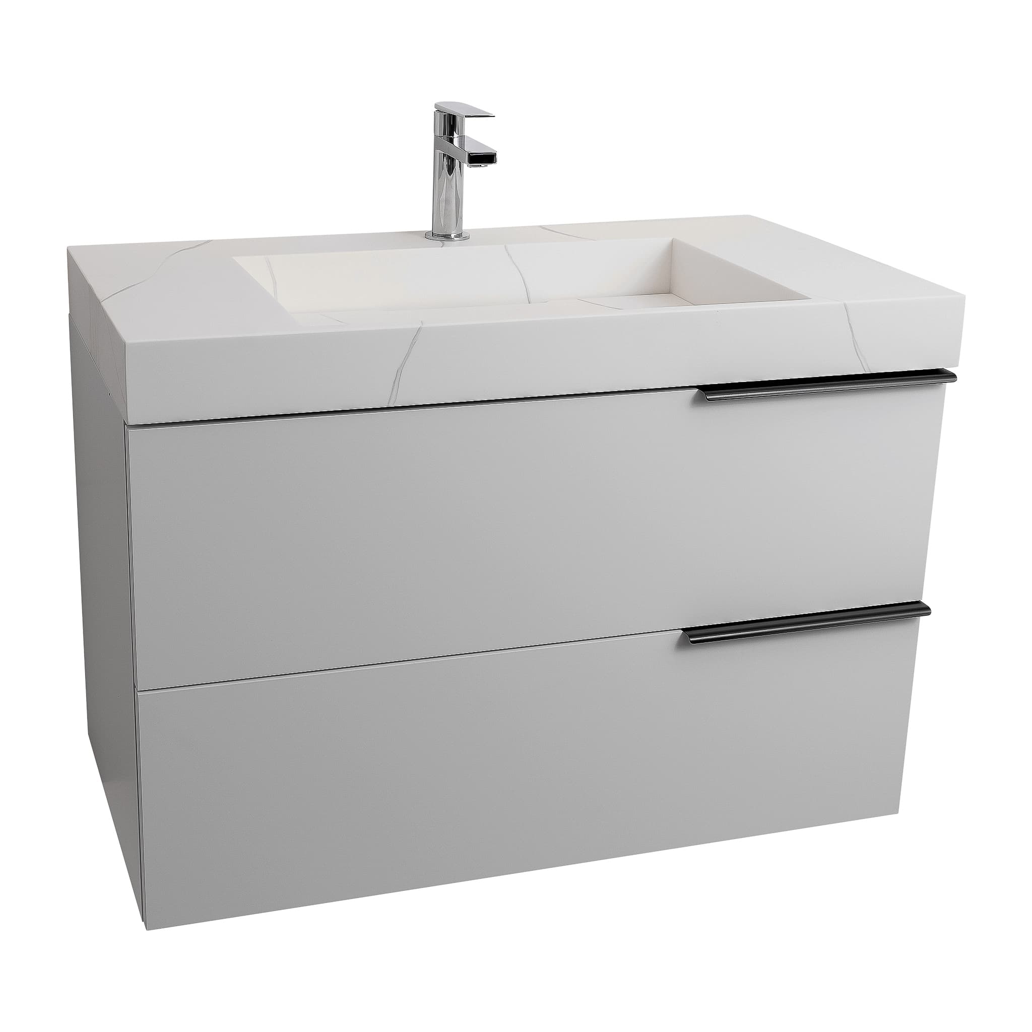 Mallorca 31.5 Matte White Cabinet, Solid Surface Matte White Top Carrara Infinity Sink, Wall Mounted Modern Vanity Set