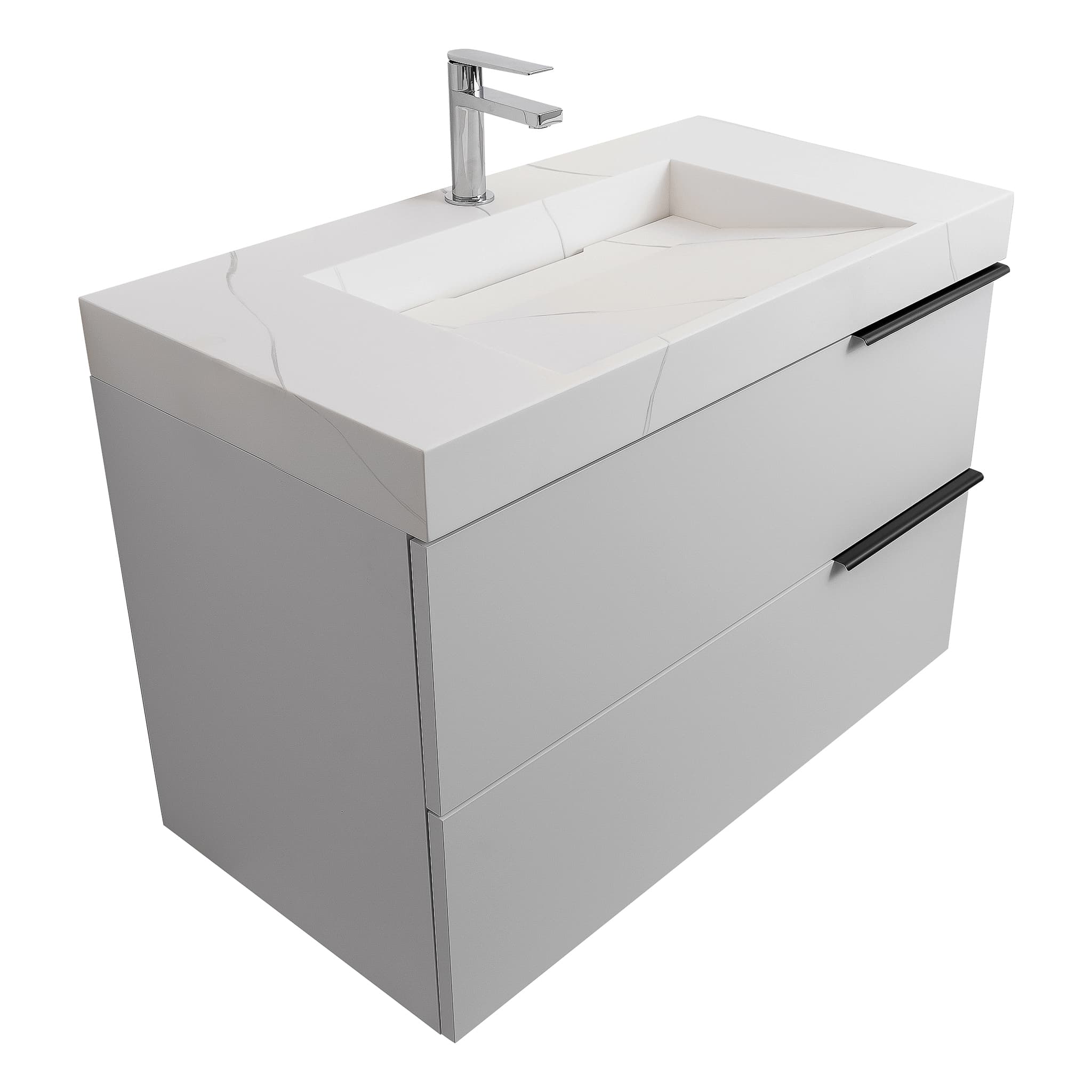 Mallorca 31.5 Matte White Cabinet, Solid Surface Matte White Top Carrara Infinity Sink, Wall Mounted Modern Vanity Set