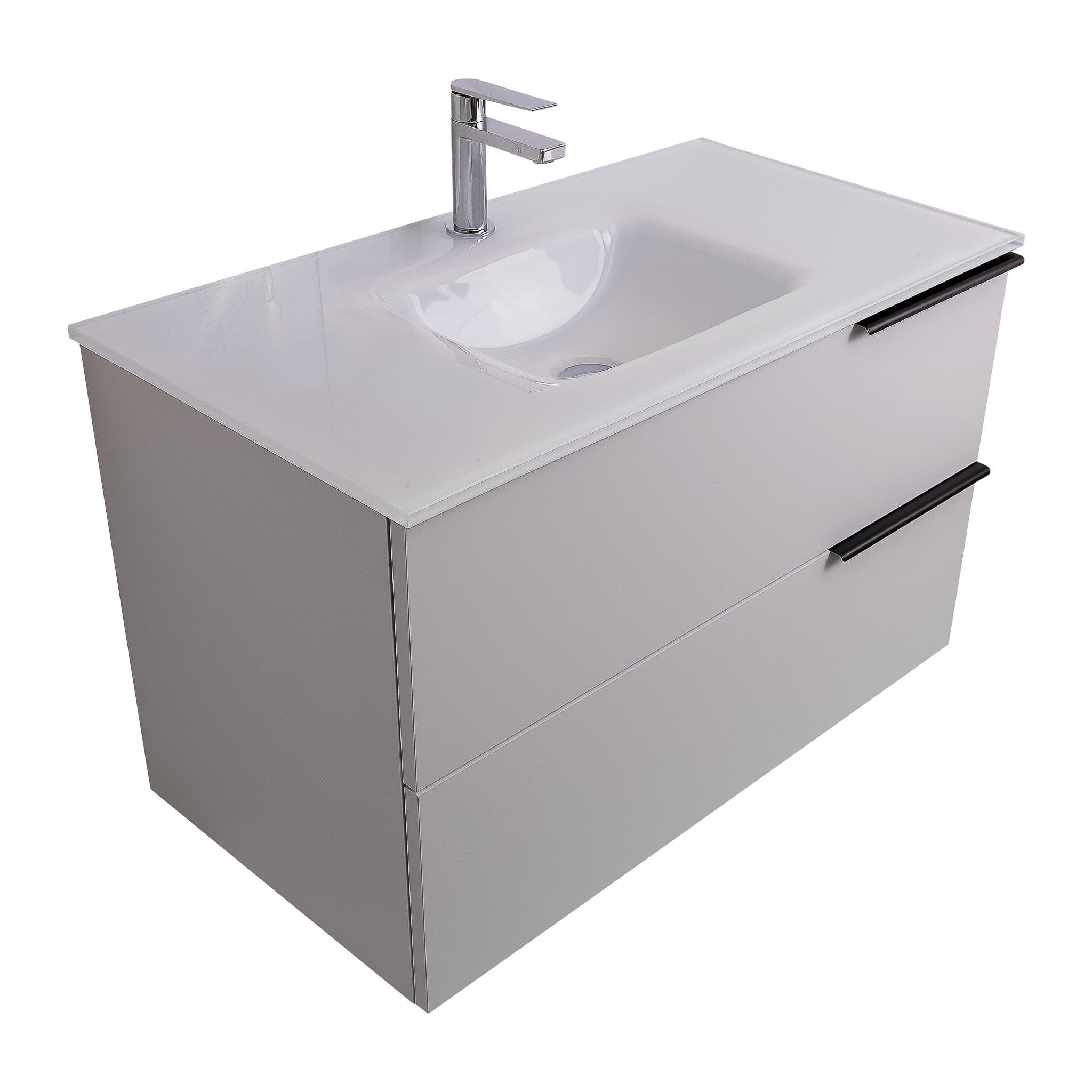 Mallorca 31.5 Matte White Cabinet, White Tempered Glass Sink, Wall Mounted Modern Vanity Set