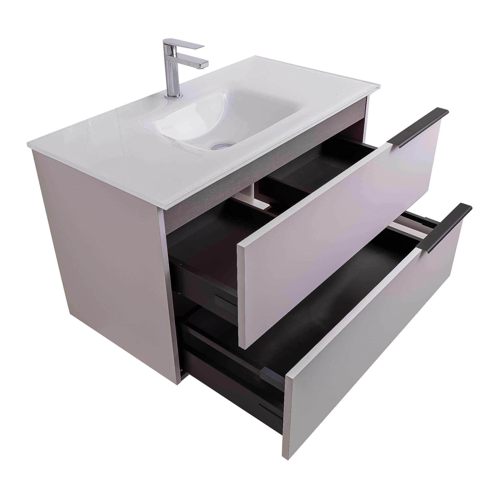 Mallorca 31.5 Matte White Cabinet, White Tempered Glass Sink, Wall Mounted Modern Vanity Set