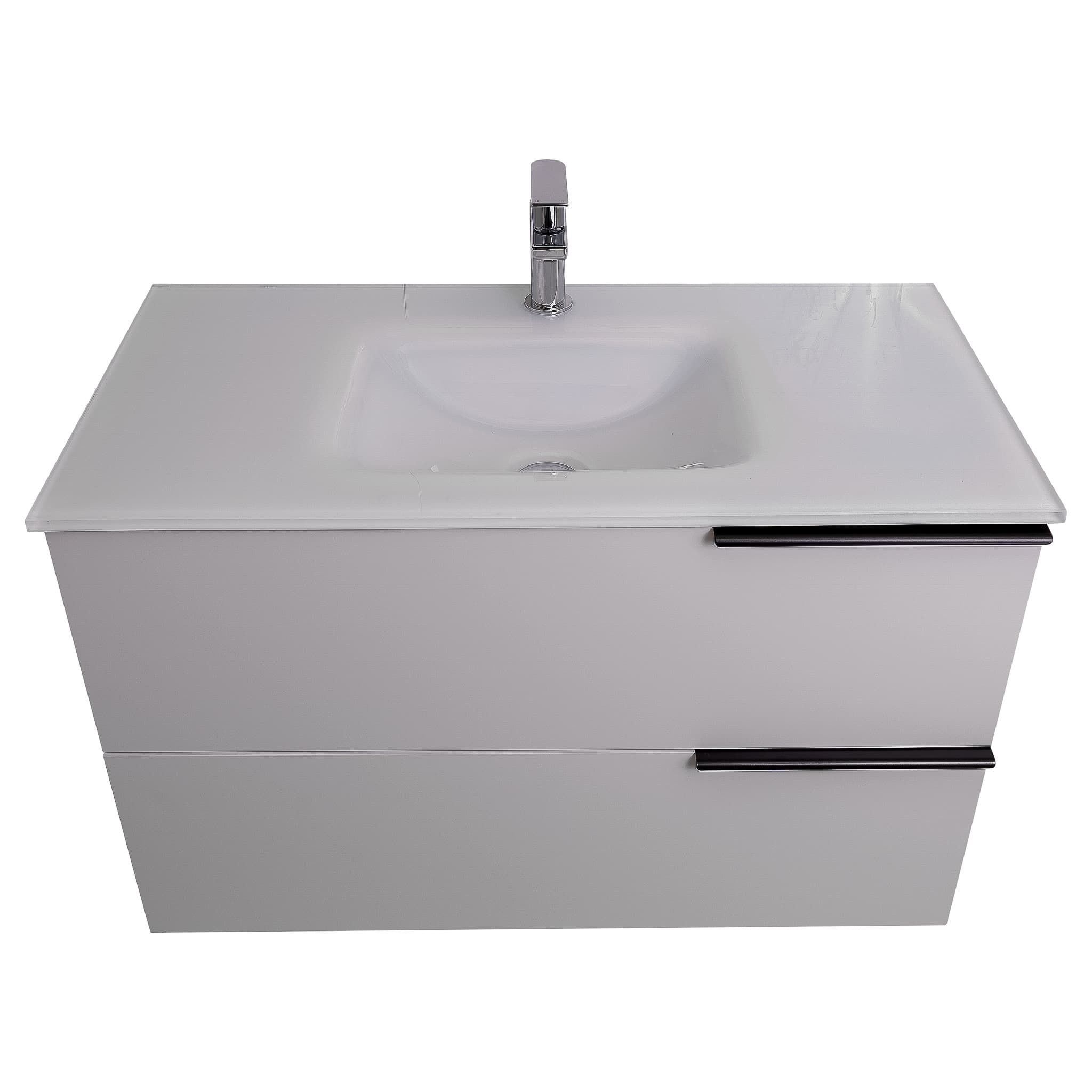 Mallorca 31.5 Matte White Cabinet, White Tempered Glass Sink, Wall Mounted Modern Vanity Set