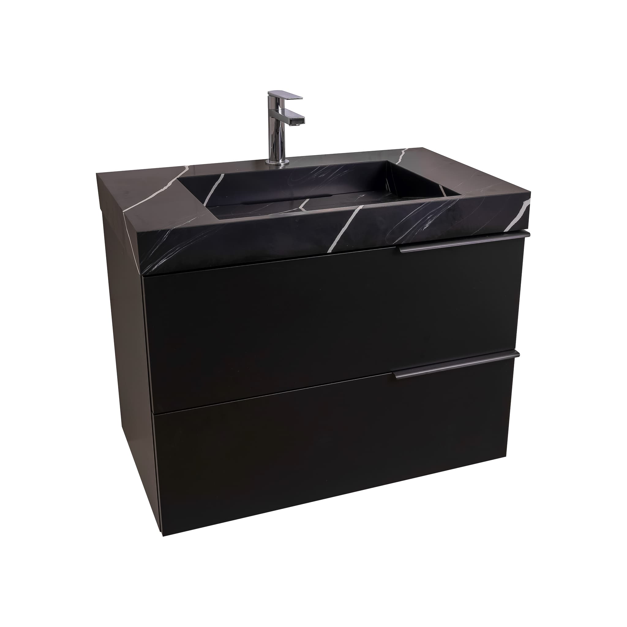 Mallorca 35.5 Matte Black Cabinet, Solid Surface Matte Black Carrara Infinity Sink, Wall Mounted Modern Vanity Set