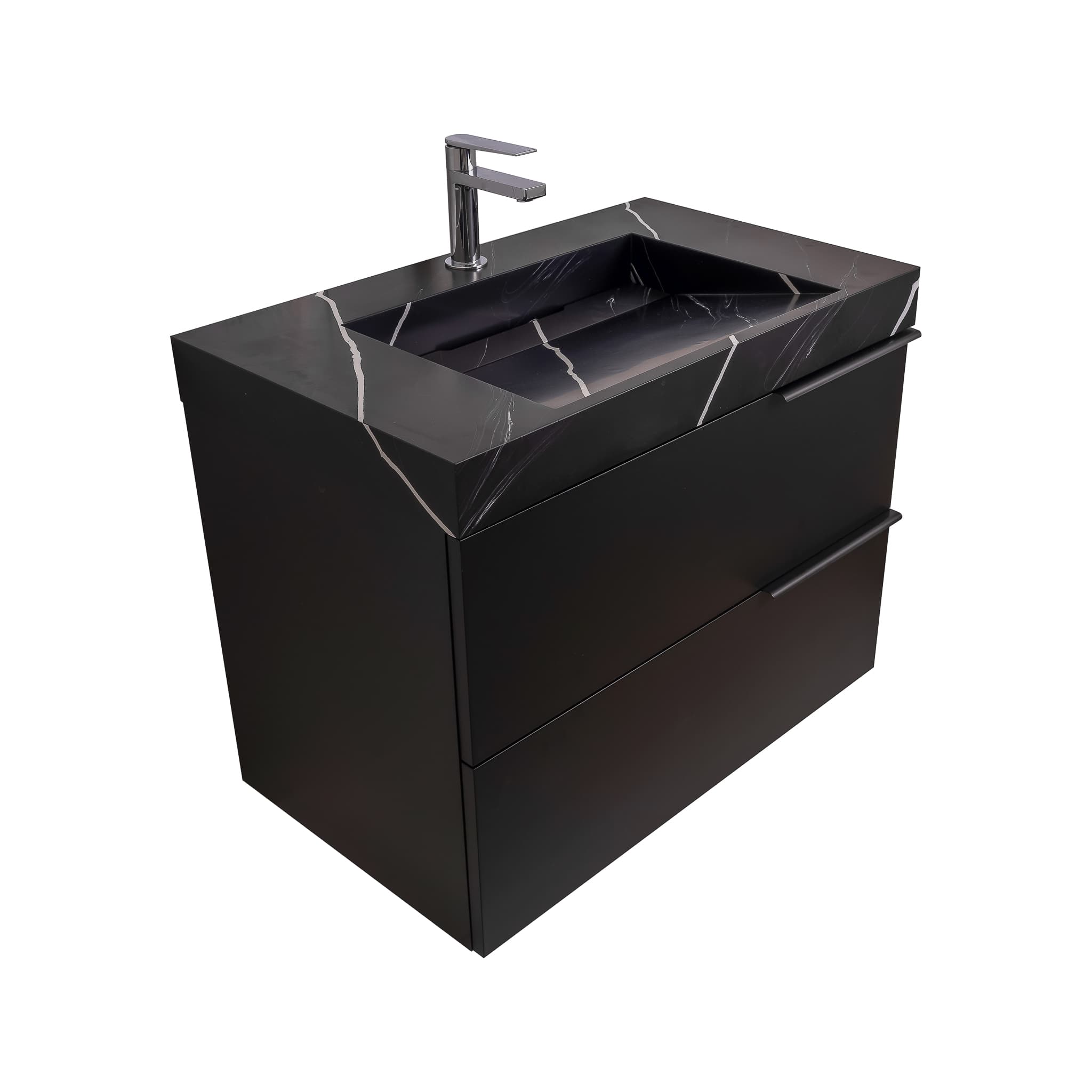 Mallorca 35.5 Matte Black Cabinet, Solid Surface Matte Black Carrara Infinity Sink, Wall Mounted Modern Vanity Set