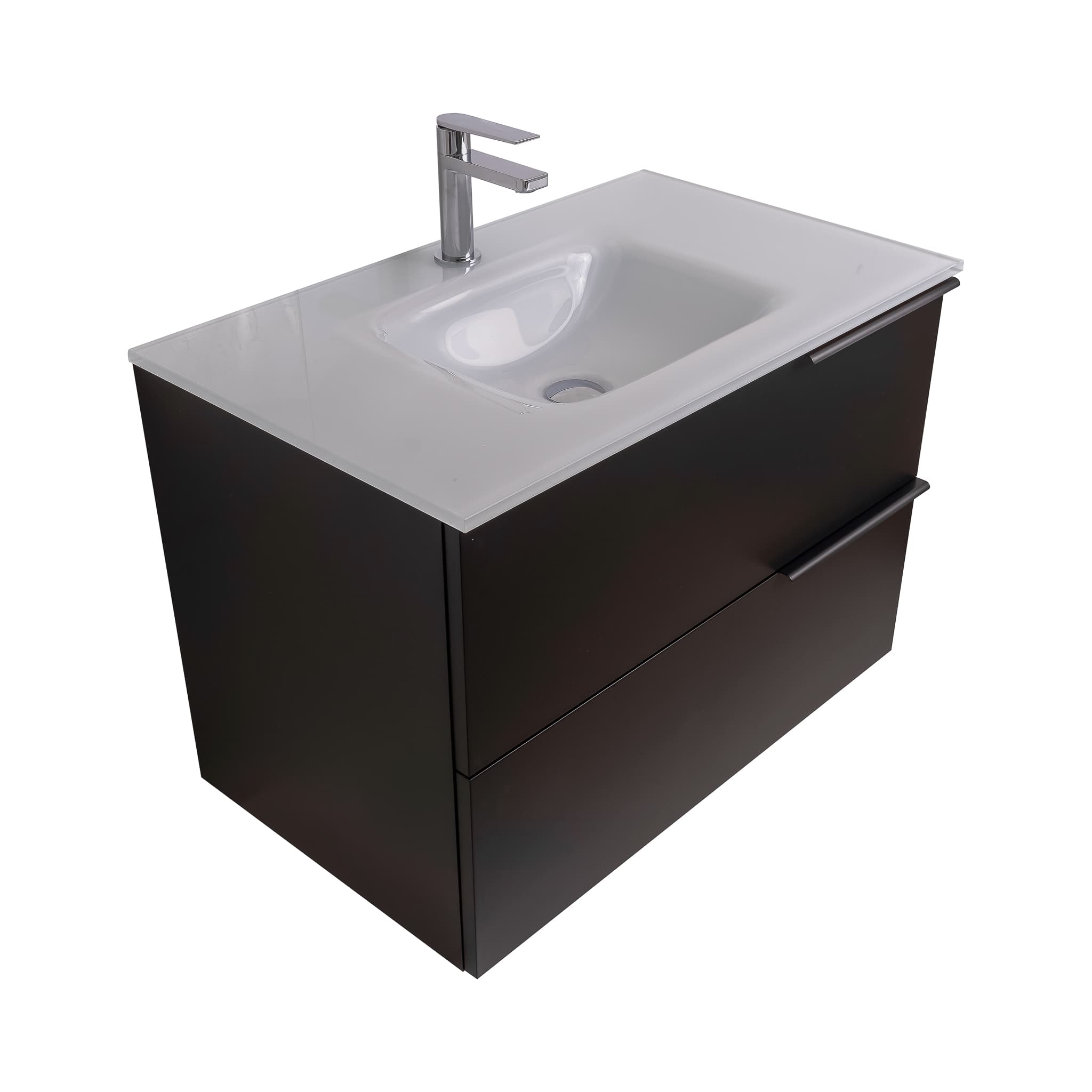 Mallorca 35.5 Matte Black Cabinet, White Tempered Glass Sink, Wall Mounted Modern Vanity Set