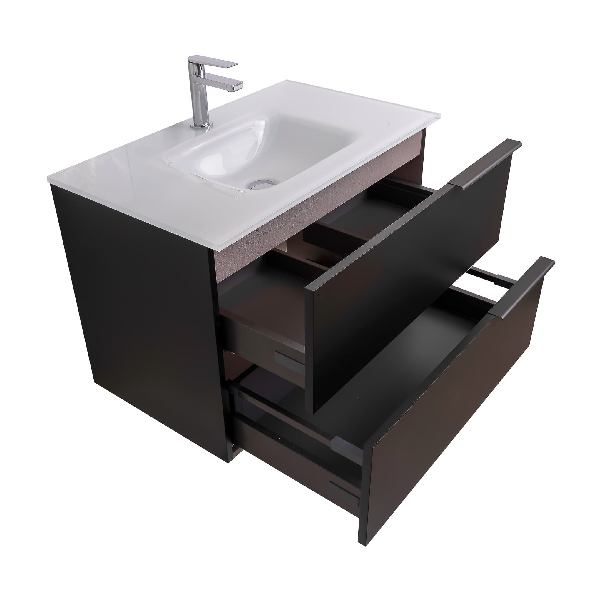 Mallorca 35.5 Matte Black Cabinet, White Tempered Glass Sink, Wall Mounted Modern Vanity Set