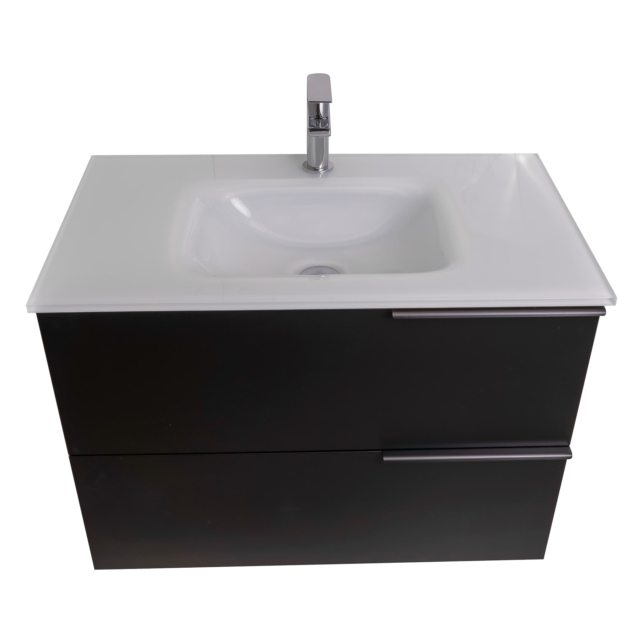 Mallorca 35.5 Matte Black Cabinet, White Tempered Glass Sink, Wall Mounted Modern Vanity Set