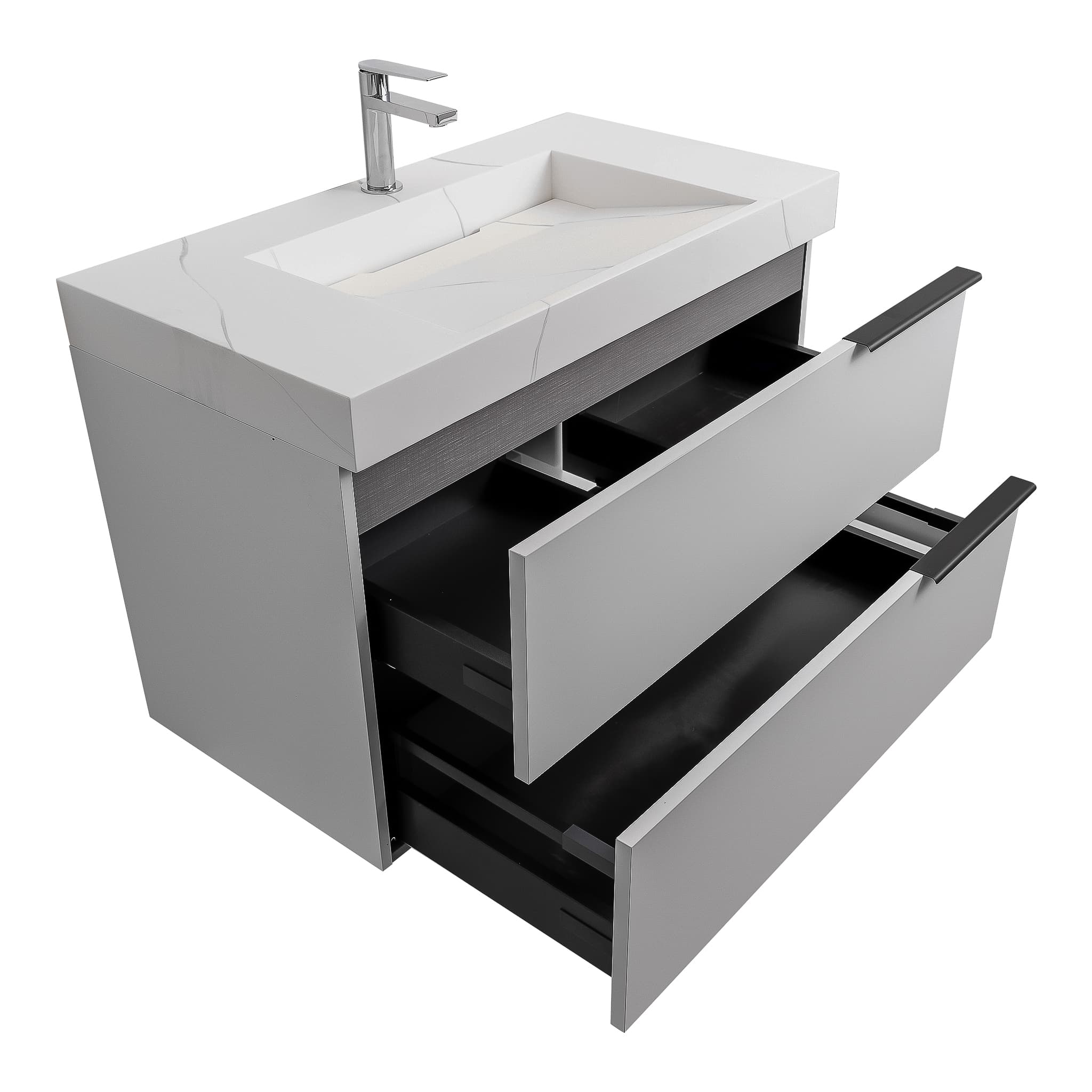 Mallorca 35.5 Matte White Cabinet, Solid Surface Matte White Top Carrara Infinity Sink, Wall Mounted Modern Vanity Set