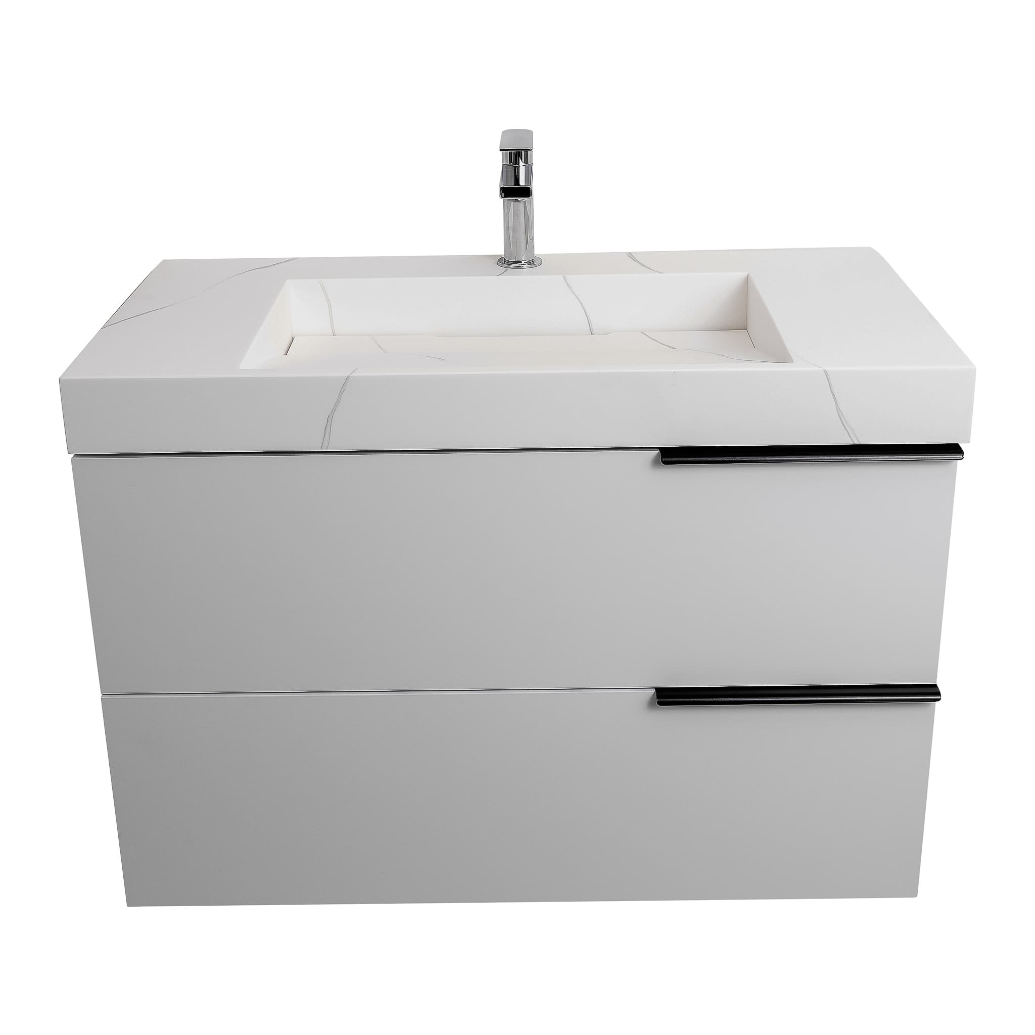 Mallorca 35.5 Matte White Cabinet, Solid Surface Matte White Top Carrara Infinity Sink, Wall Mounted Modern Vanity Set