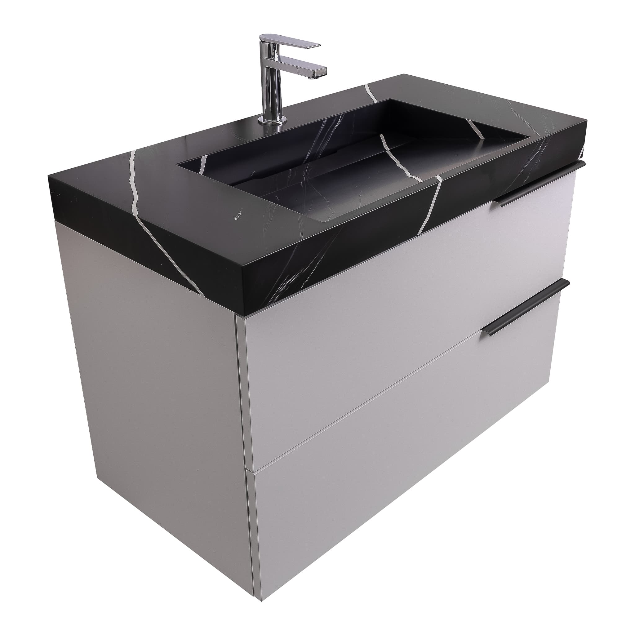 Mallorca 39.5 Matte White Cabinet, Solid Surface Matte Black Carrara Infinity Sink, Wall Mounted Modern Vanity Set