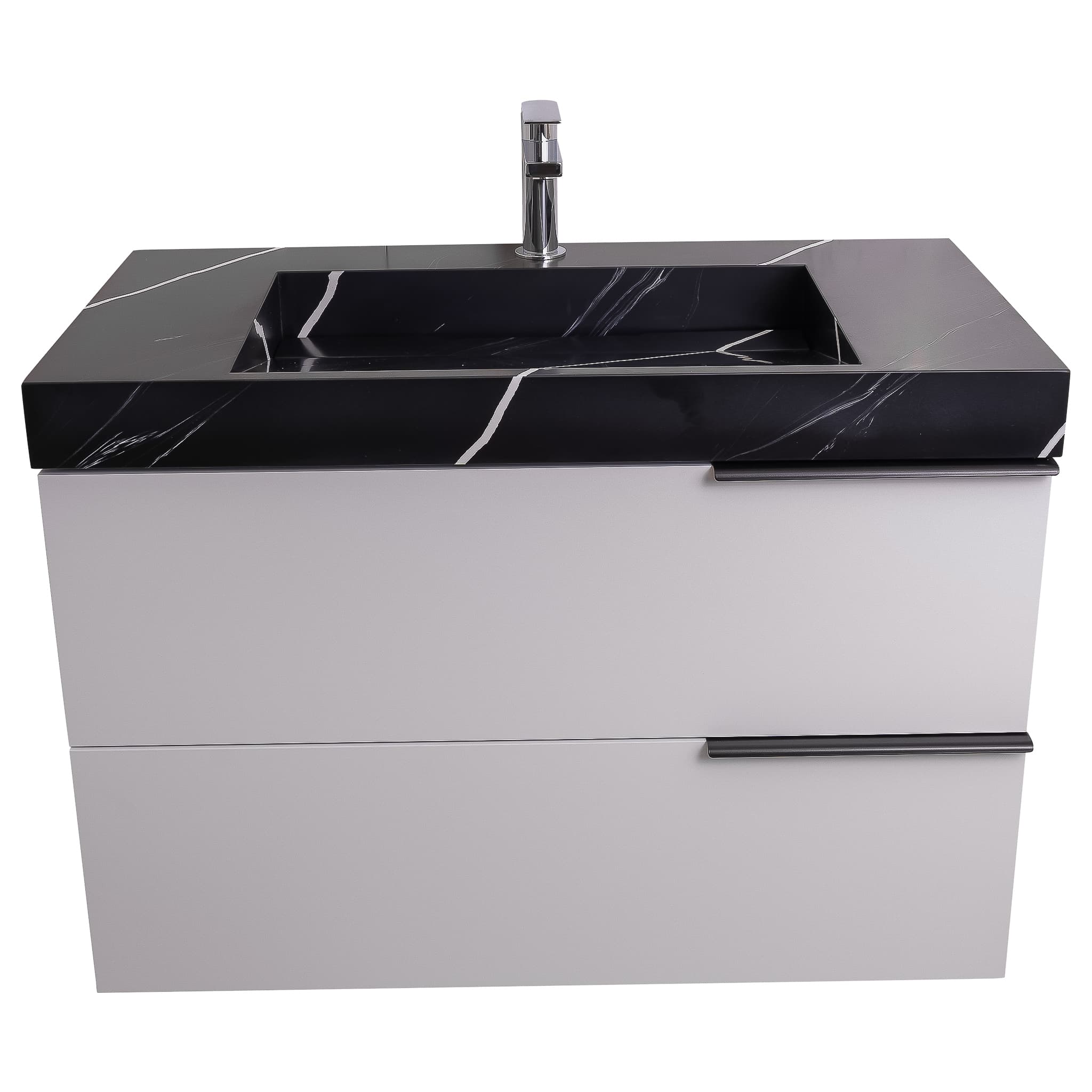 Mallorca 39.5 Matte White Cabinet, Solid Surface Matte Black Carrara Infinity Sink, Wall Mounted Modern Vanity Set