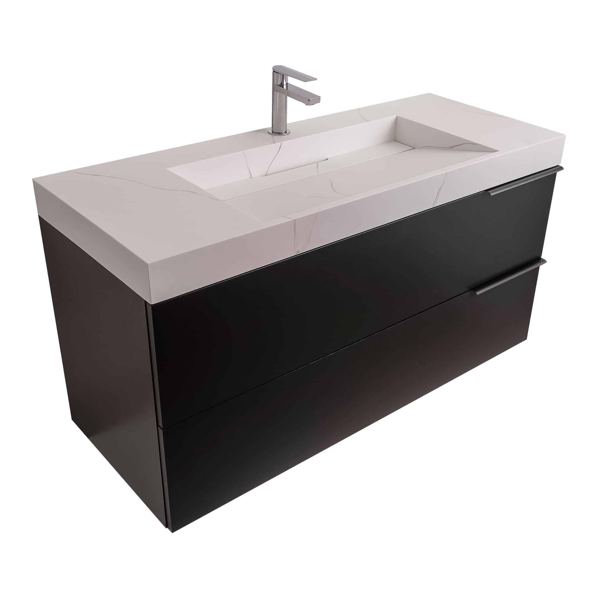 Mallorca 47.5 Matte Black Cabinet,  Solid Surface Matte White Top Carrara Infinity Sink, Wall Mounted Modern Vanity Set