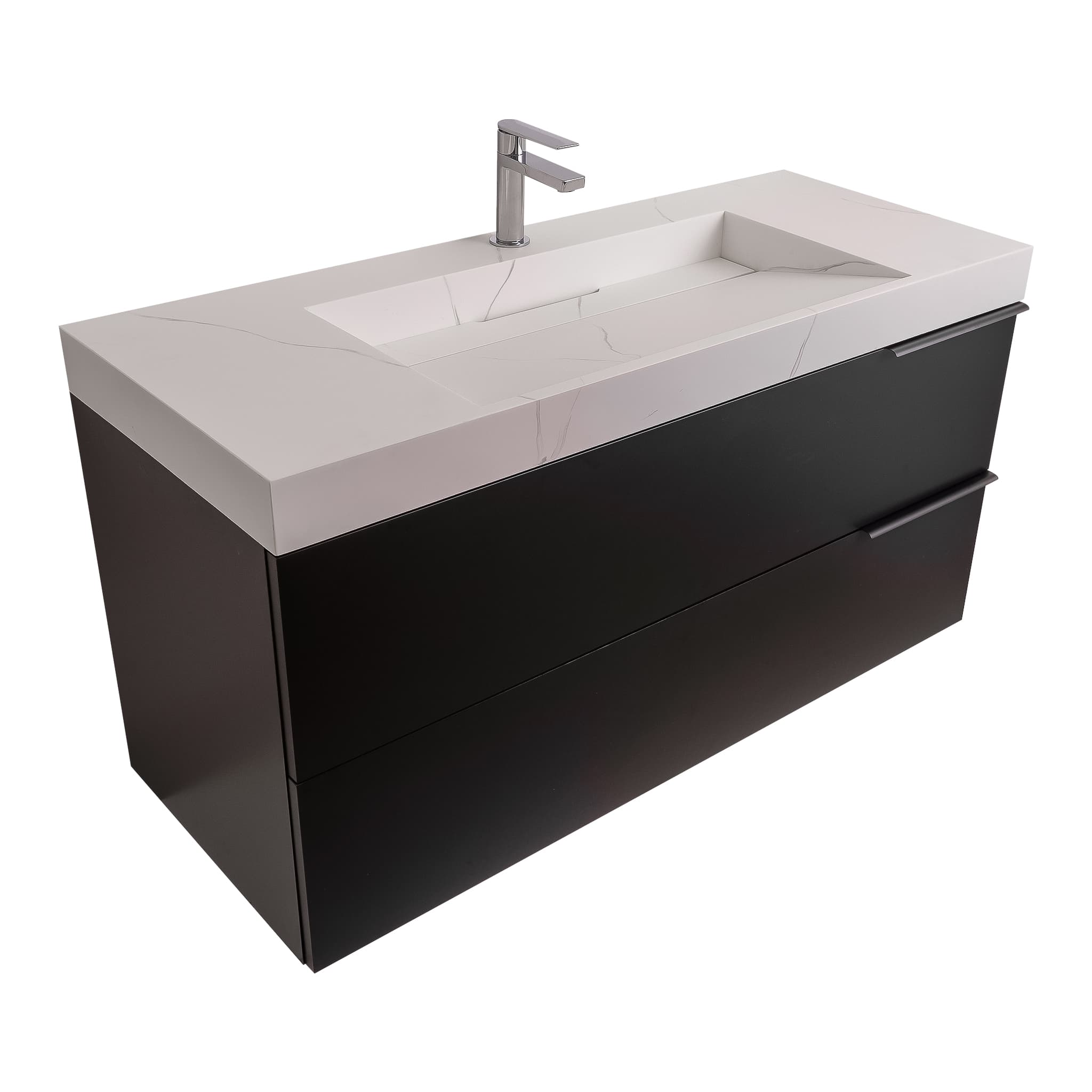 Mallorca 47.5 Matte Black Cabinet,  Solid Surface Matte White Top Carrara Infinity Sink, Wall Mounted Modern Vanity Set Bath Trends USA