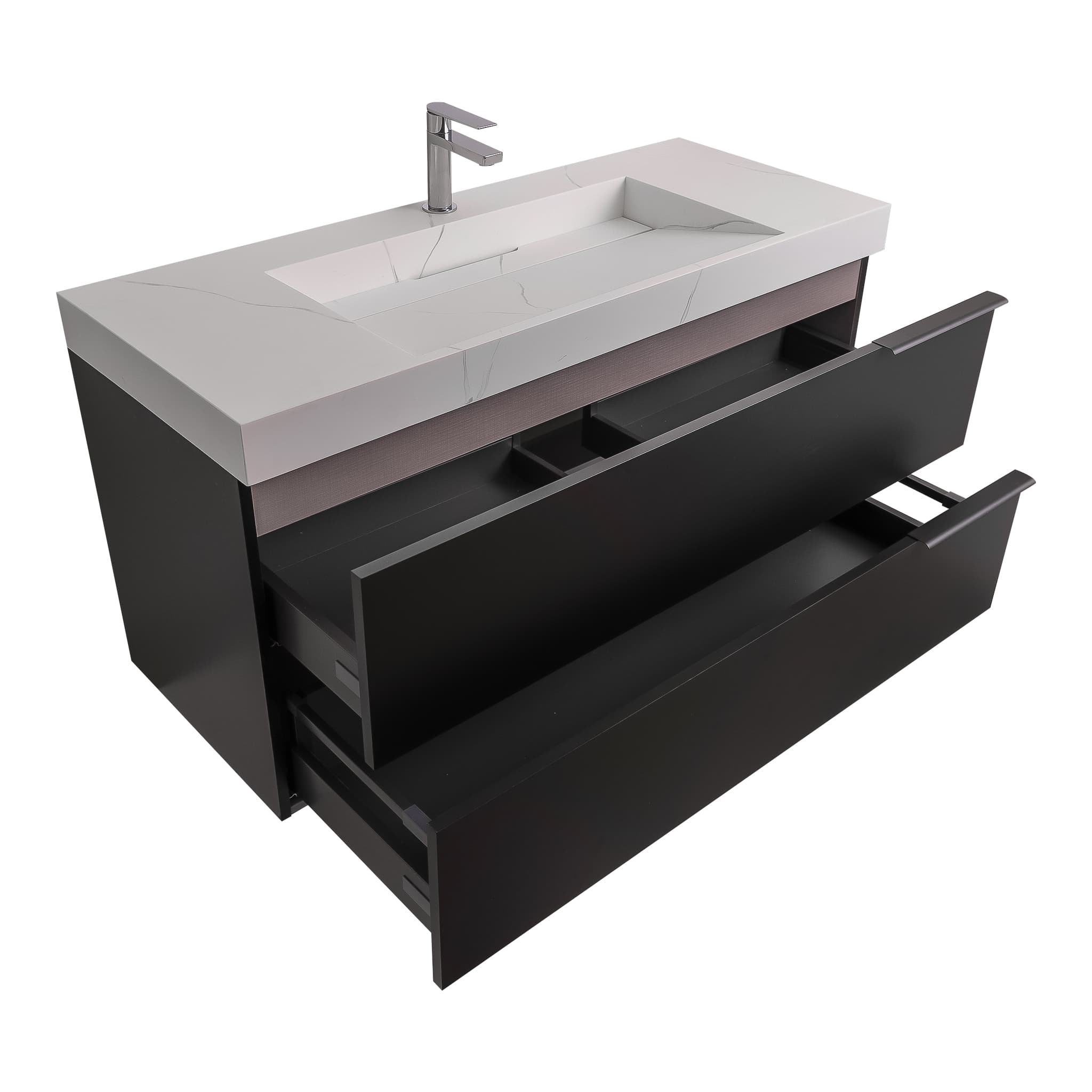 Mallorca 47.5 Matte Black Cabinet,  Solid Surface Matte White Top Carrara Infinity Sink, Wall Mounted Modern Vanity Set