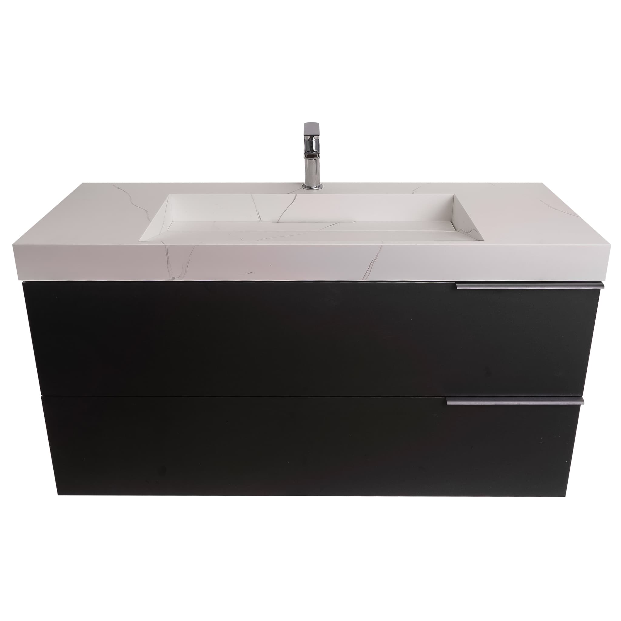 Mallorca 47.5 Matte Black Cabinet,  Solid Surface Matte White Top Carrara Infinity Sink, Wall Mounted Modern Vanity Set
