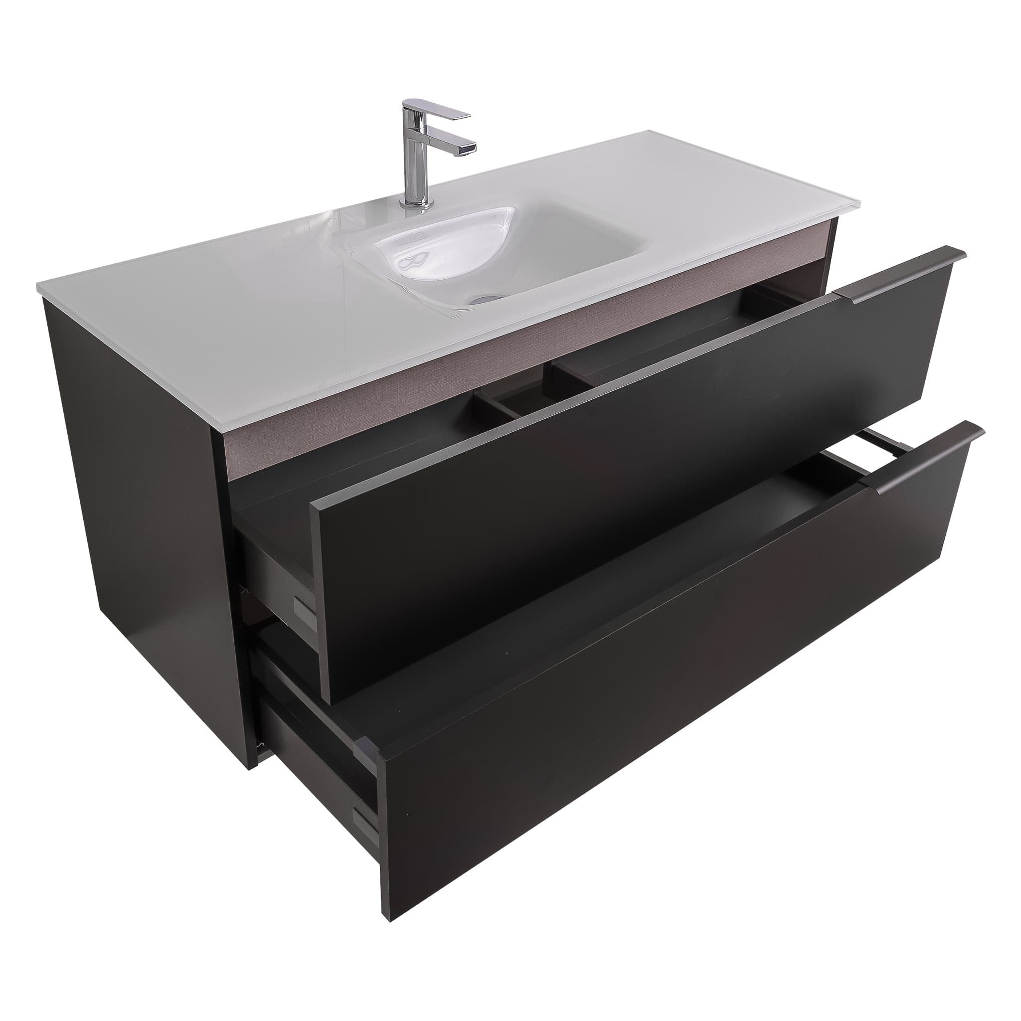 Mallorca 47.5 Matte Black Cabinet, White Tempered Glass Sink, Wall Mounted Modern Vanity Set