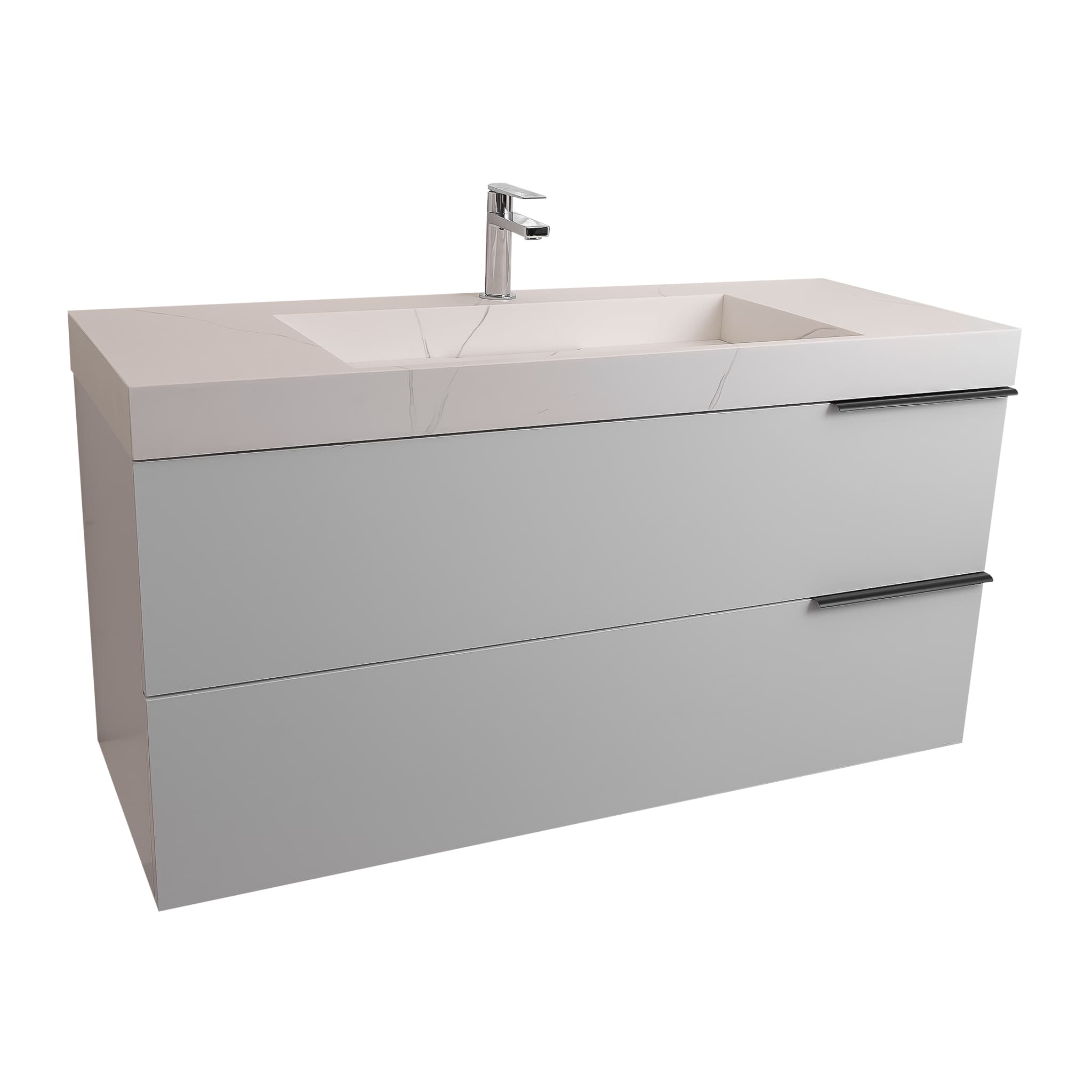 Mallorca 47.5 Matte White Cabinet, Solid Surface Matte White Top Carrara Infinity Sink, Wall Mounted Modern Vanity Set