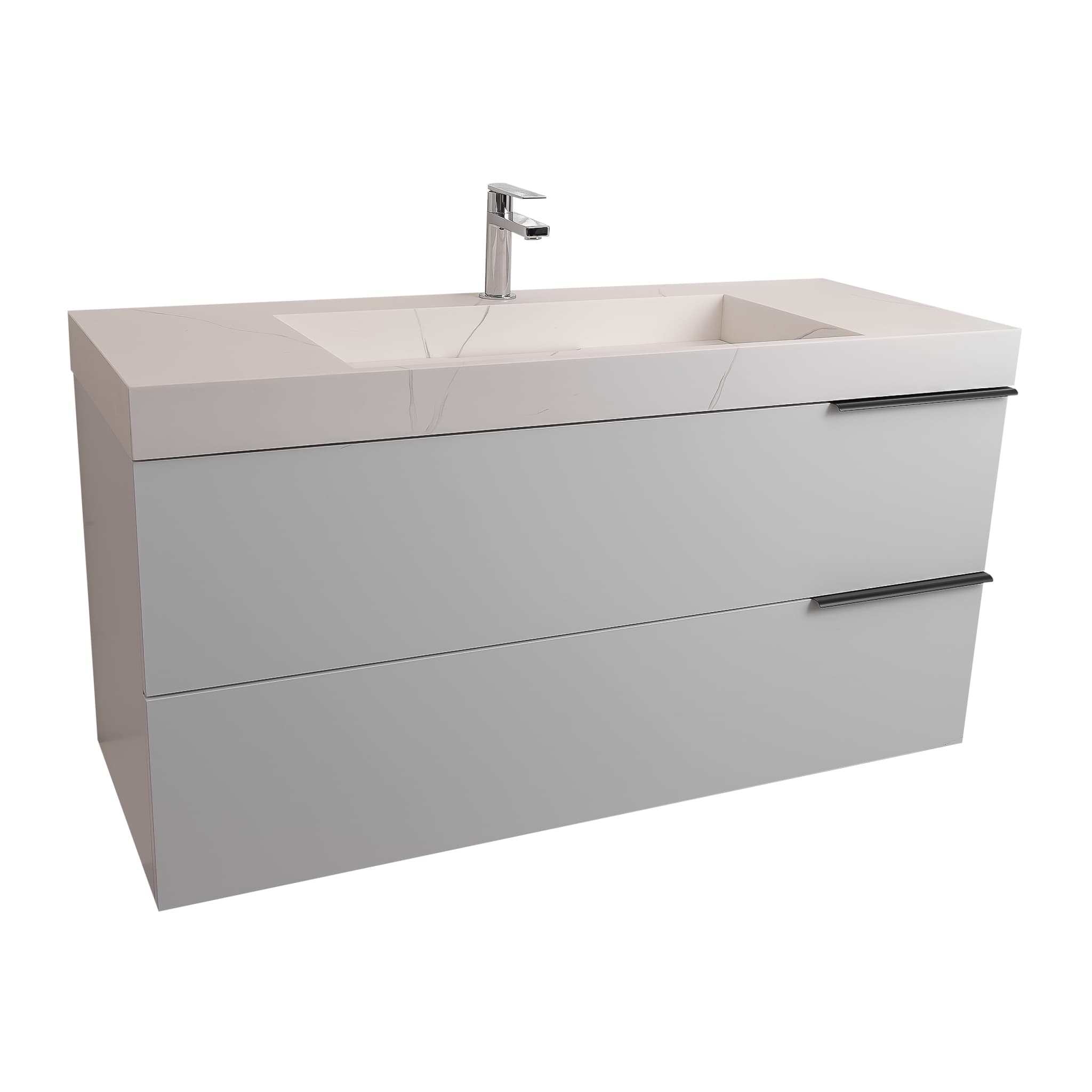 Mallorca 47.5 Matte White Cabinet, Solid Surface Matte White Top Carrara Infinity Sink, Wall Mounted Modern Vanity Set Bath Trends USA