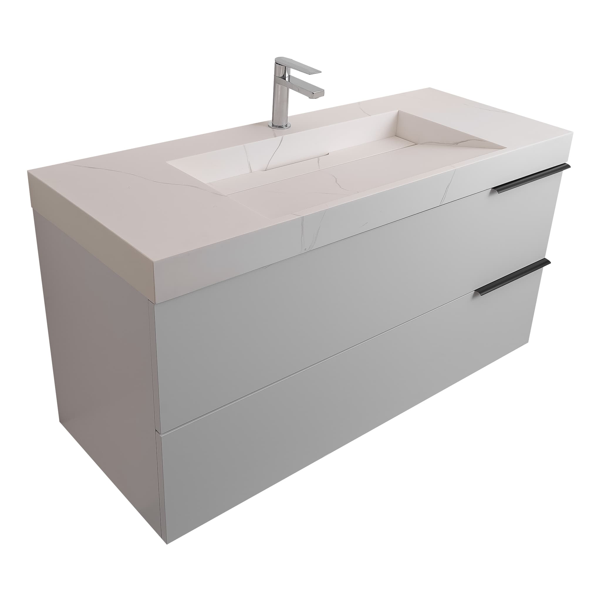 Mallorca 47.5 Matte White Cabinet, Solid Surface Matte White Top Carrara Infinity Sink, Wall Mounted Modern Vanity Set