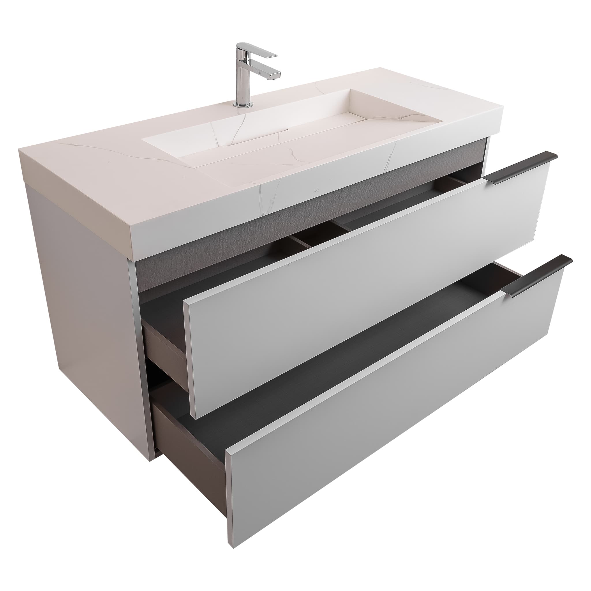 Mallorca 47.5 Matte White Cabinet, Solid Surface Matte White Top Carrara Infinity Sink, Wall Mounted Modern Vanity Set