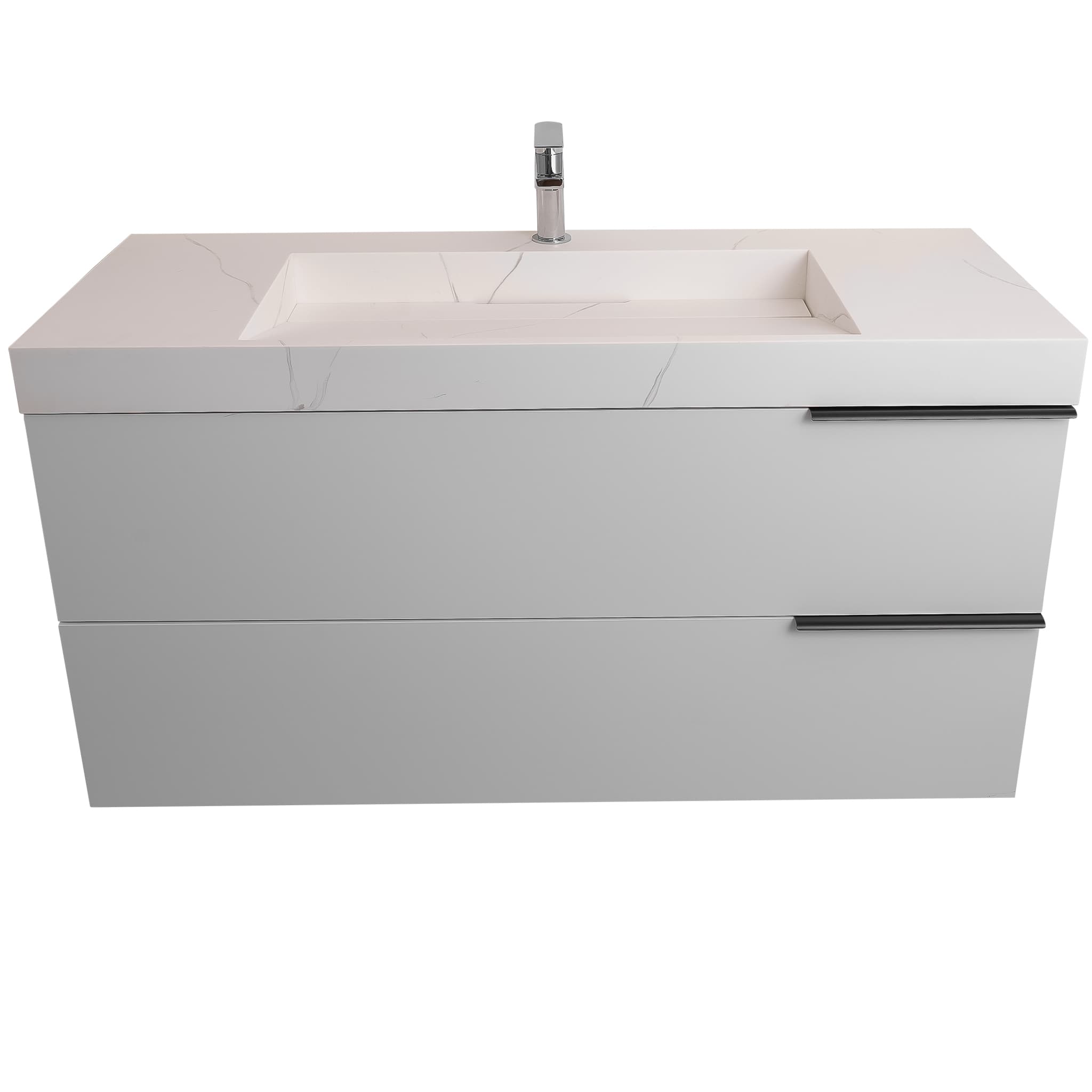 Mallorca 47.5 Matte White Cabinet, Solid Surface Matte White Top Carrara Infinity Sink, Wall Mounted Modern Vanity Set