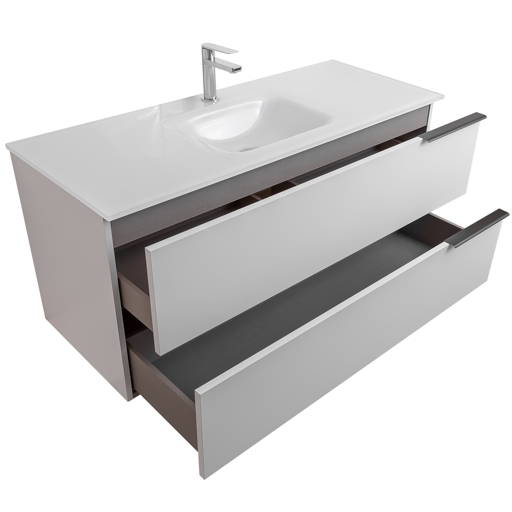 Mallorca 47.5 Matte White Cabinet, White Tempered Glass Sink, Wall Mounted Modern Vanity Set