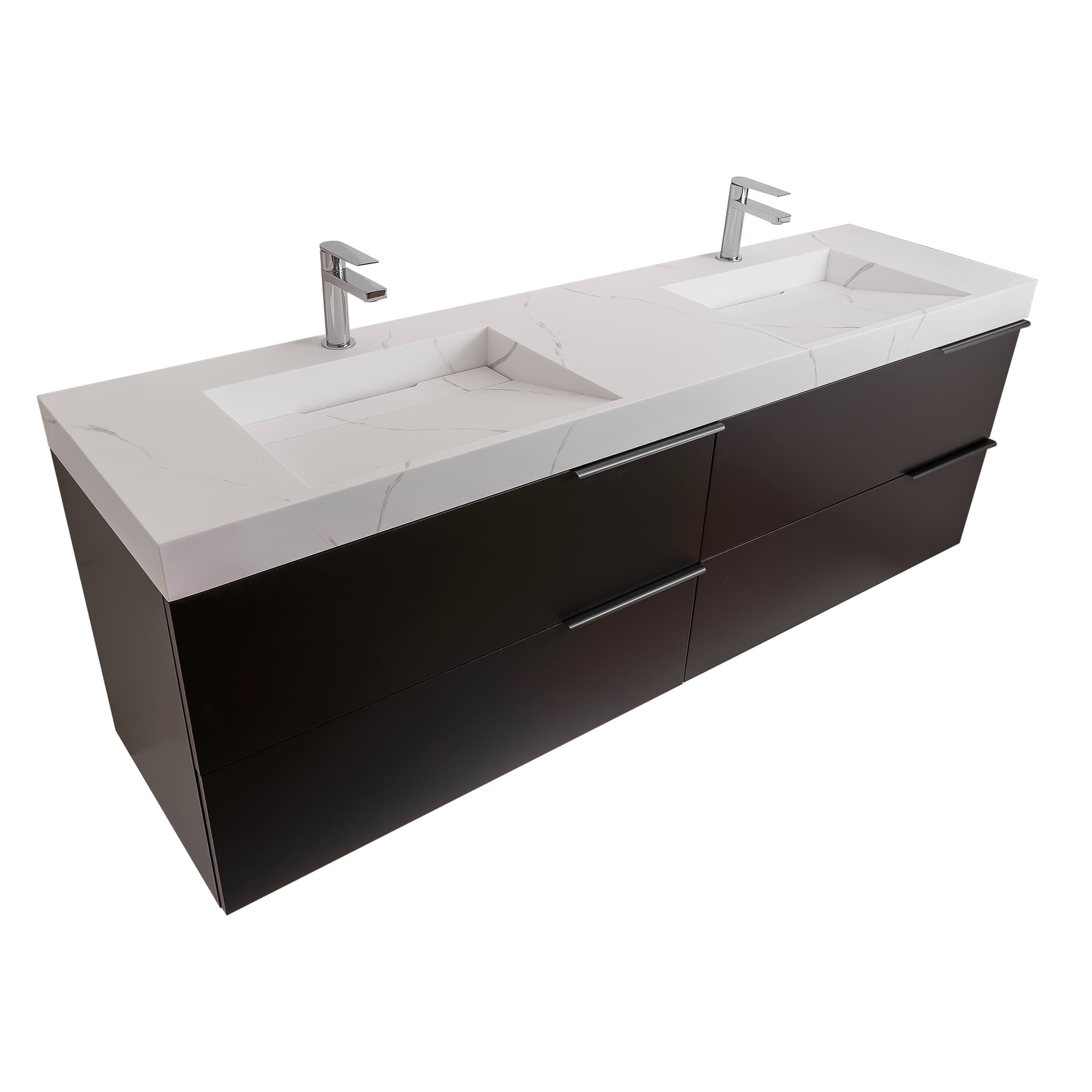 Mallorca 63 Matte Black Cabinet,  Solid Surface Matte White Top Carrara Infinity Double Sink, Wall Mounted Modern Vanity Set