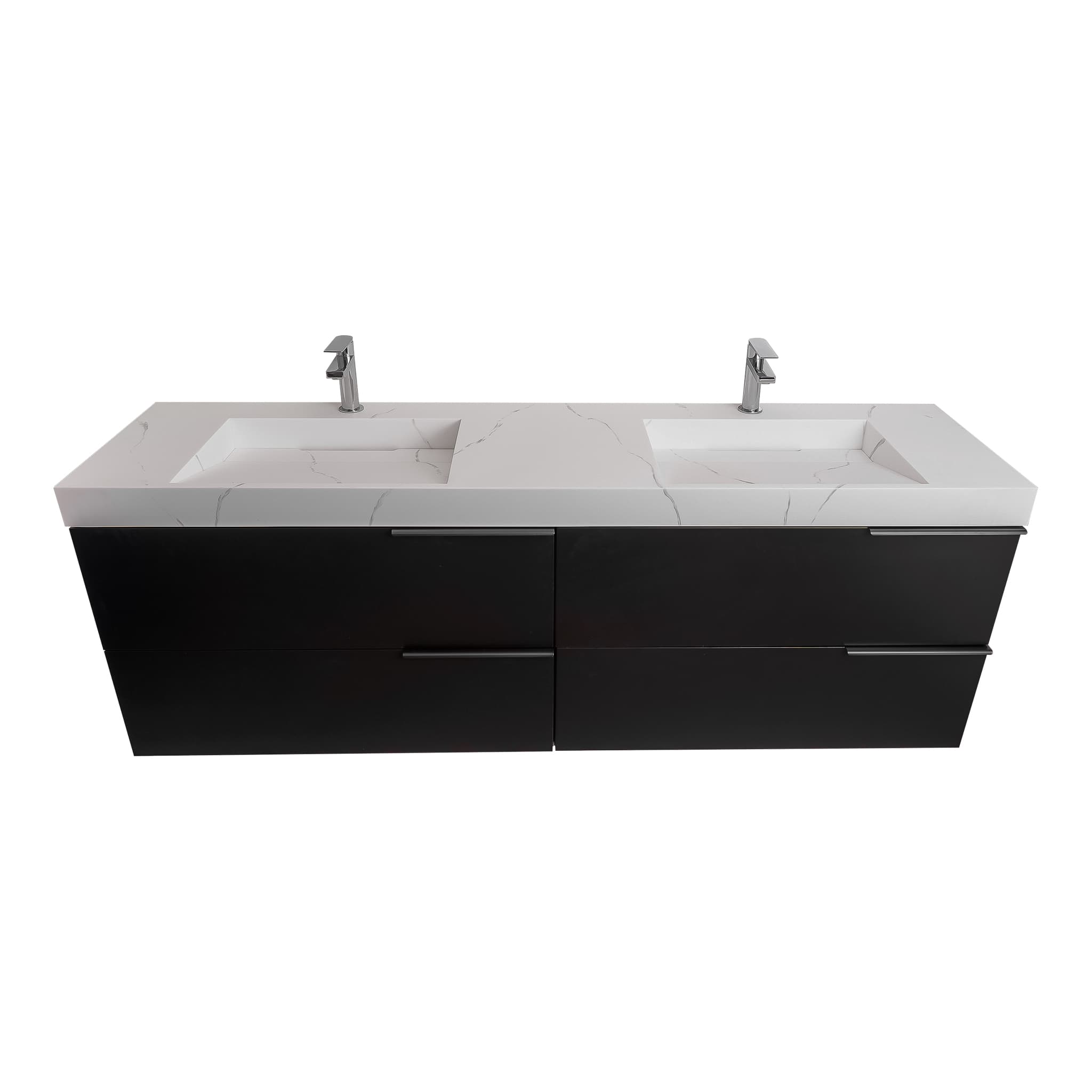 Mallorca 63 Matte Black Cabinet,  Solid Surface Matte White Top Carrara Infinity Double Sink, Wall Mounted Modern Vanity Set