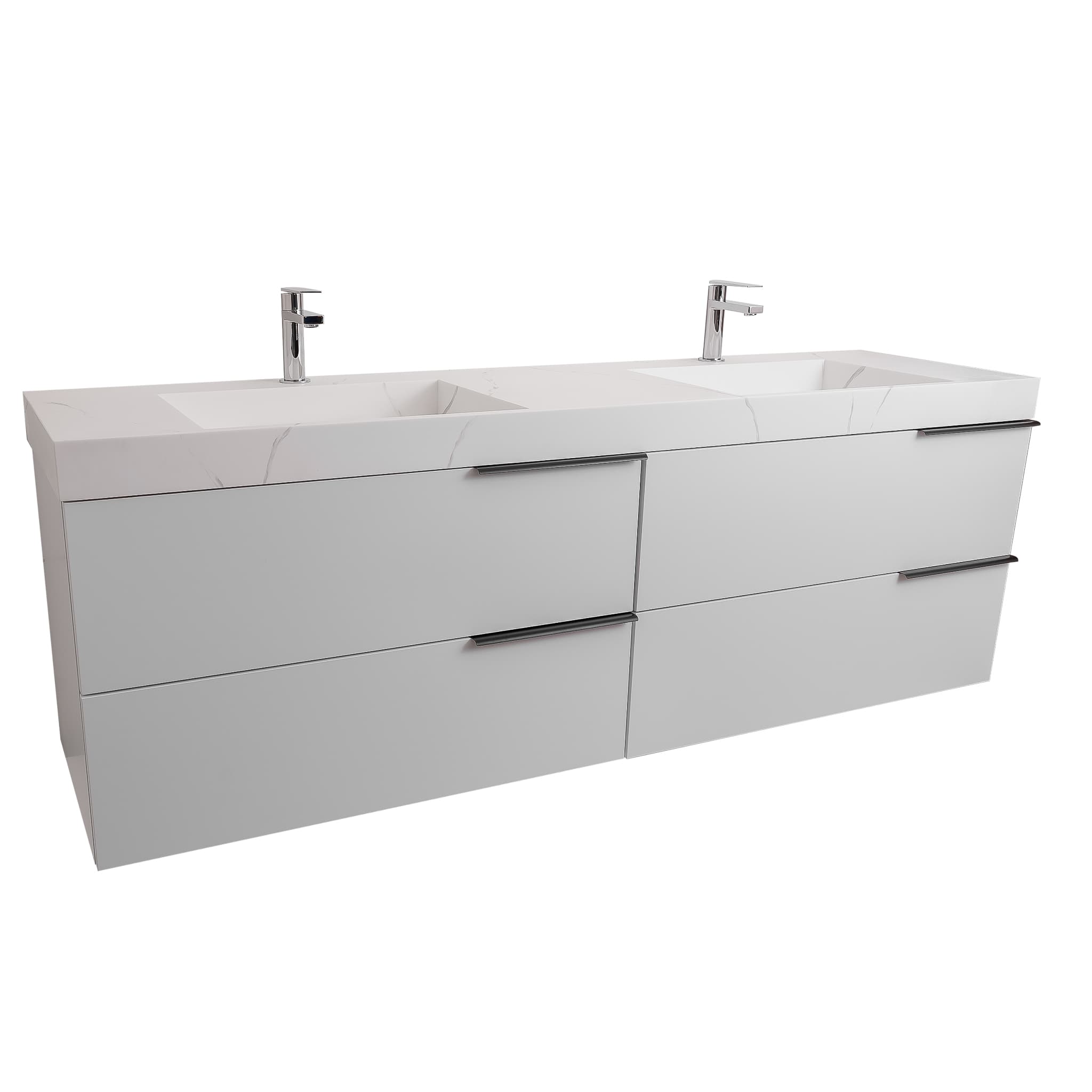 Mallorca 63 Matte White Cabinet, Solid Surface Matte White Top Carrara Infinity Double Sink, Wall Mounted Modern Vanity Set